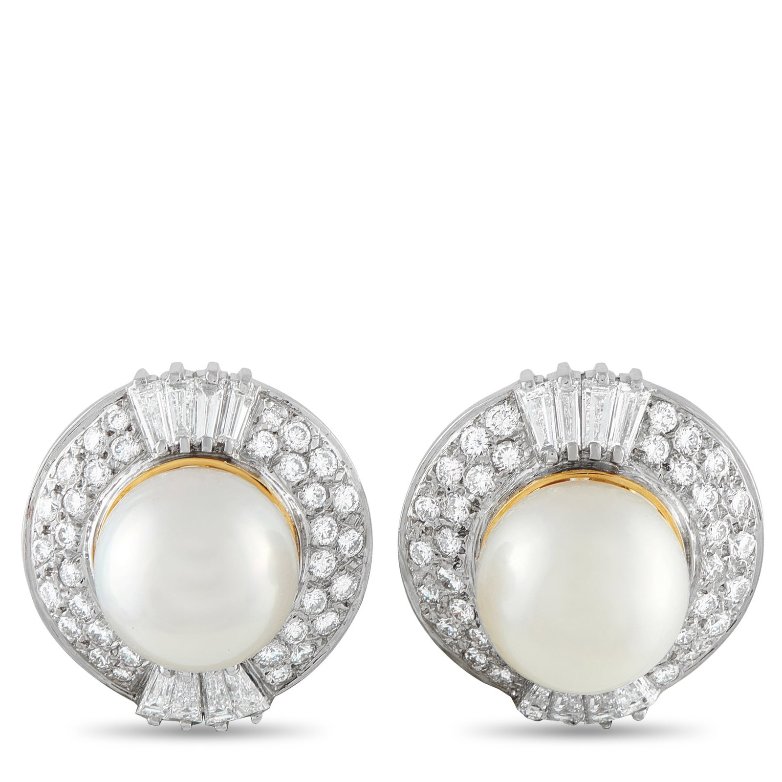 18K White and Yellow Gold 4.25ct Diamond Pearl Earrings: An pair of earrings designed with a sense of poise and intention. At the center of each earring sits a 14mm pearl, framed by a white gold disc fully set with pavé diamonds and accented with tapered b