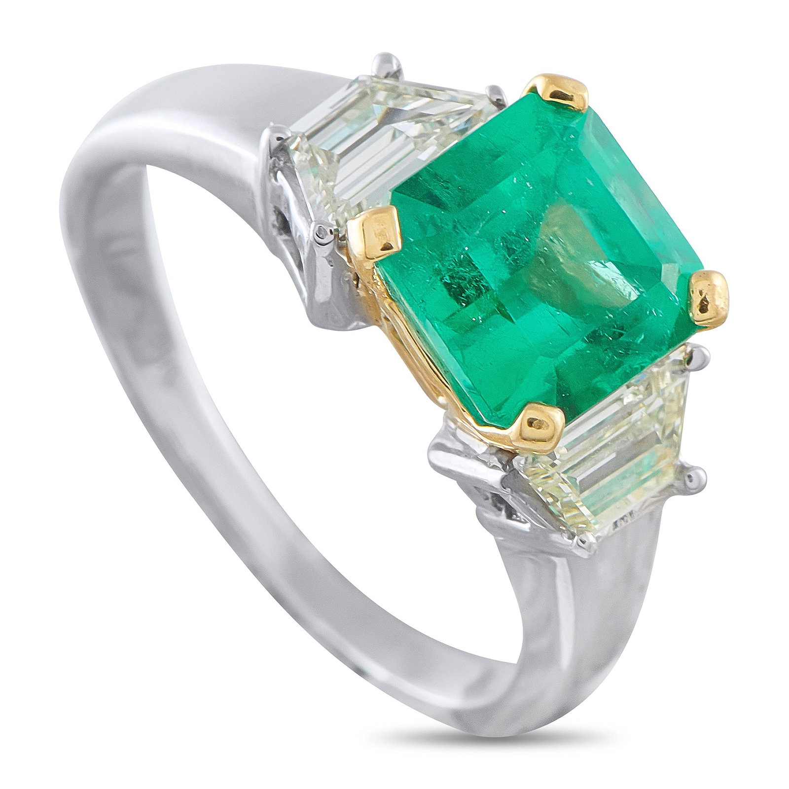 18K White and Yellow Gold 0.60ct Diamond and Emerald Ring: This luxury ring offers a sophisticated design that will never go out of style. Opulent 18K Yellow Gold surrounds the 2.52 carat Emerald center stone, providing this piece with delightful contrast. Di
