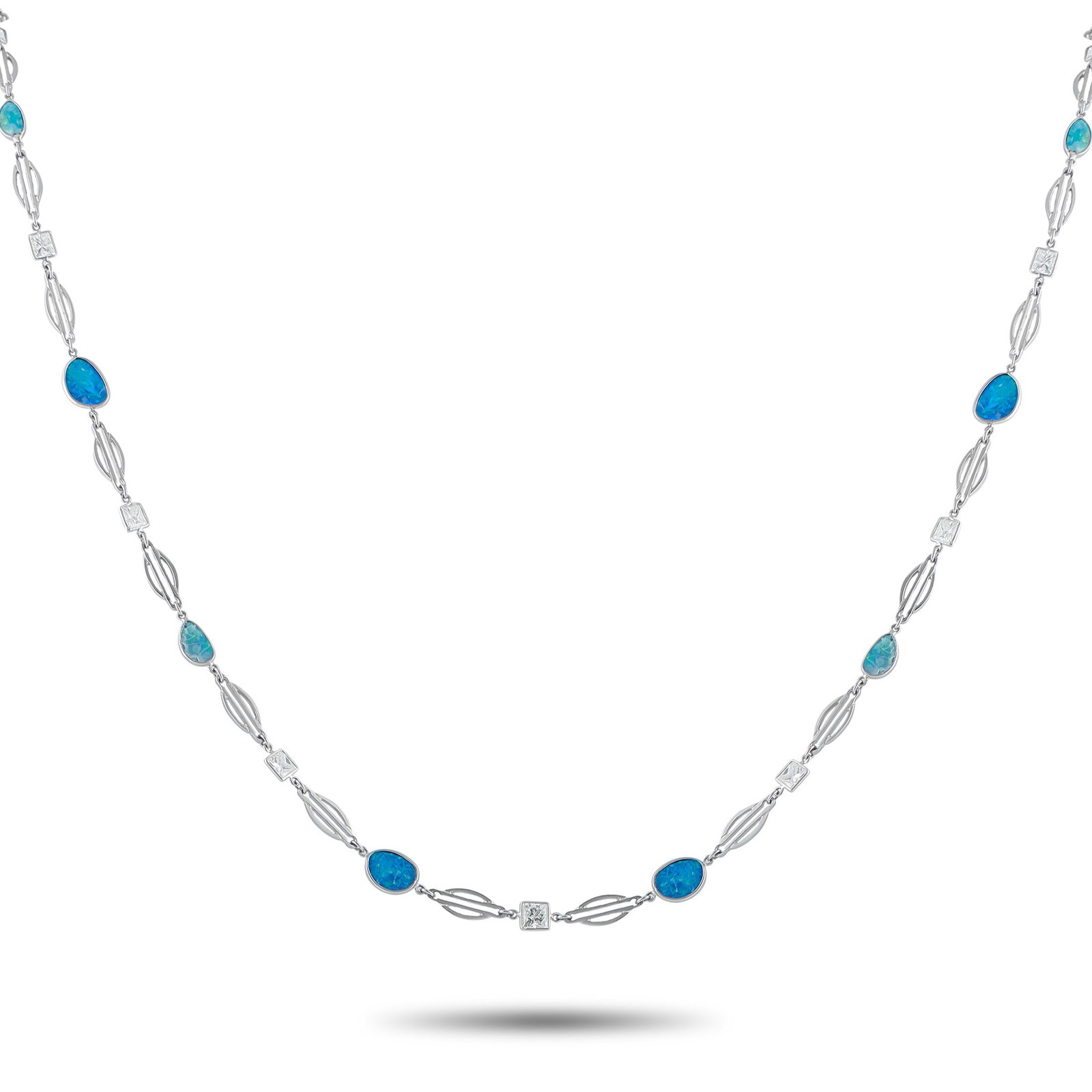 Platinum 7.40ct Diamond and Opal Necklace: Add an elegant pop of color to any ensemble with this stunning necklace. The delicate design comes to life thanks to square-cut Diamonds totaling 7.40 carats and shimmering Opal gemstones with a blue 