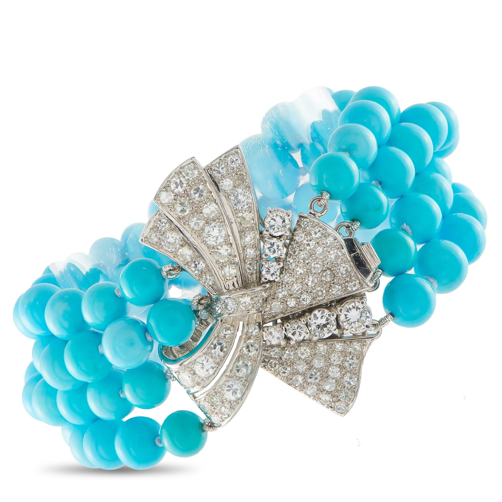 Platinum 5.50ct Diamond and Turquoise Bracelet: This luxury bracelet is designed to make a statement. Vibrant and incredibly eye-catching, Turquoise beads make it come alive with color. At the center, a Platinum clasp shines to life thanks to inset