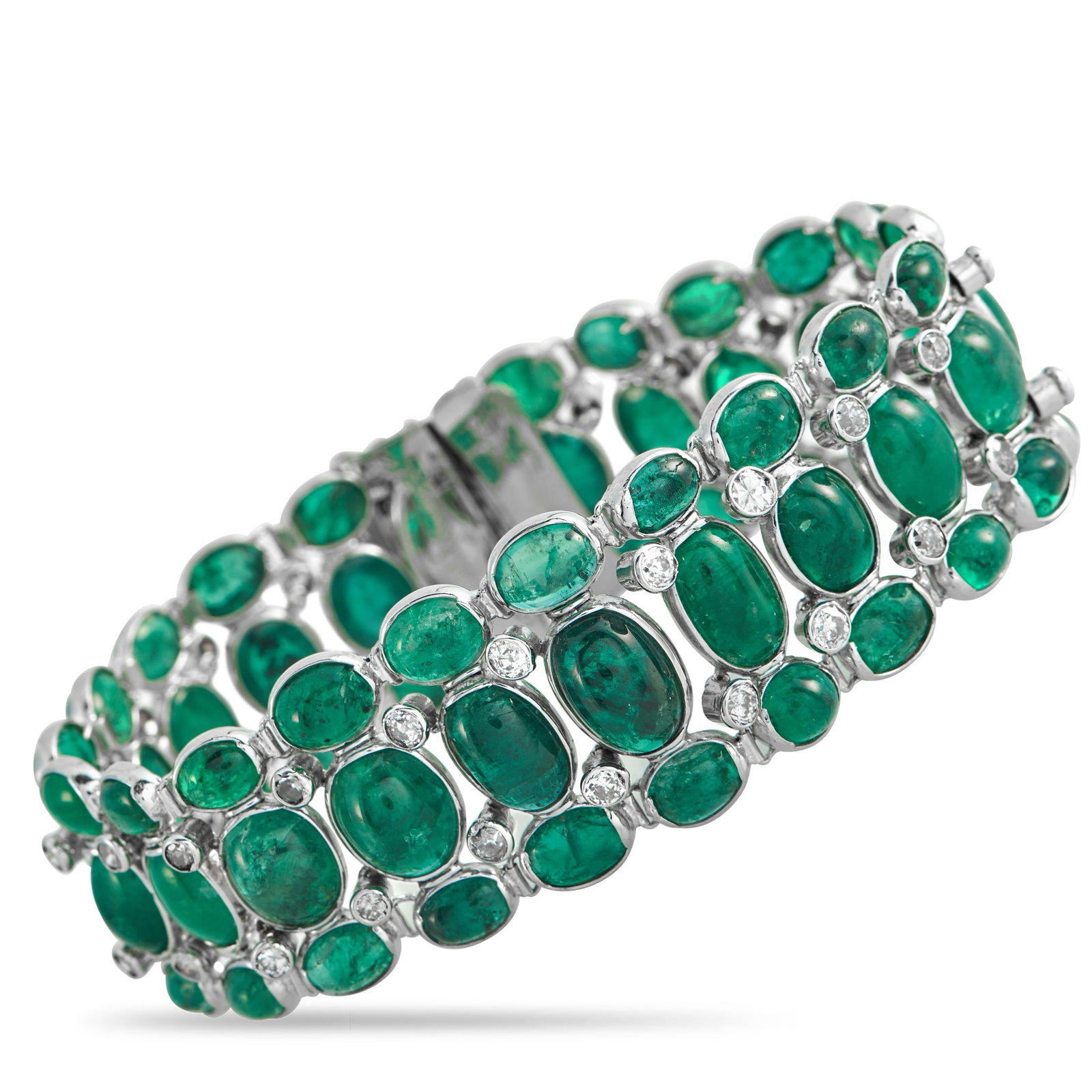 Platinum Diamond and Emerald Bracelet: This wide platinum link bracelet is formed from repeating trios of oval emerald cabochons. In each link, a larger emerald runs north-south, set between smaller ovals turned east-west. The shift in ori