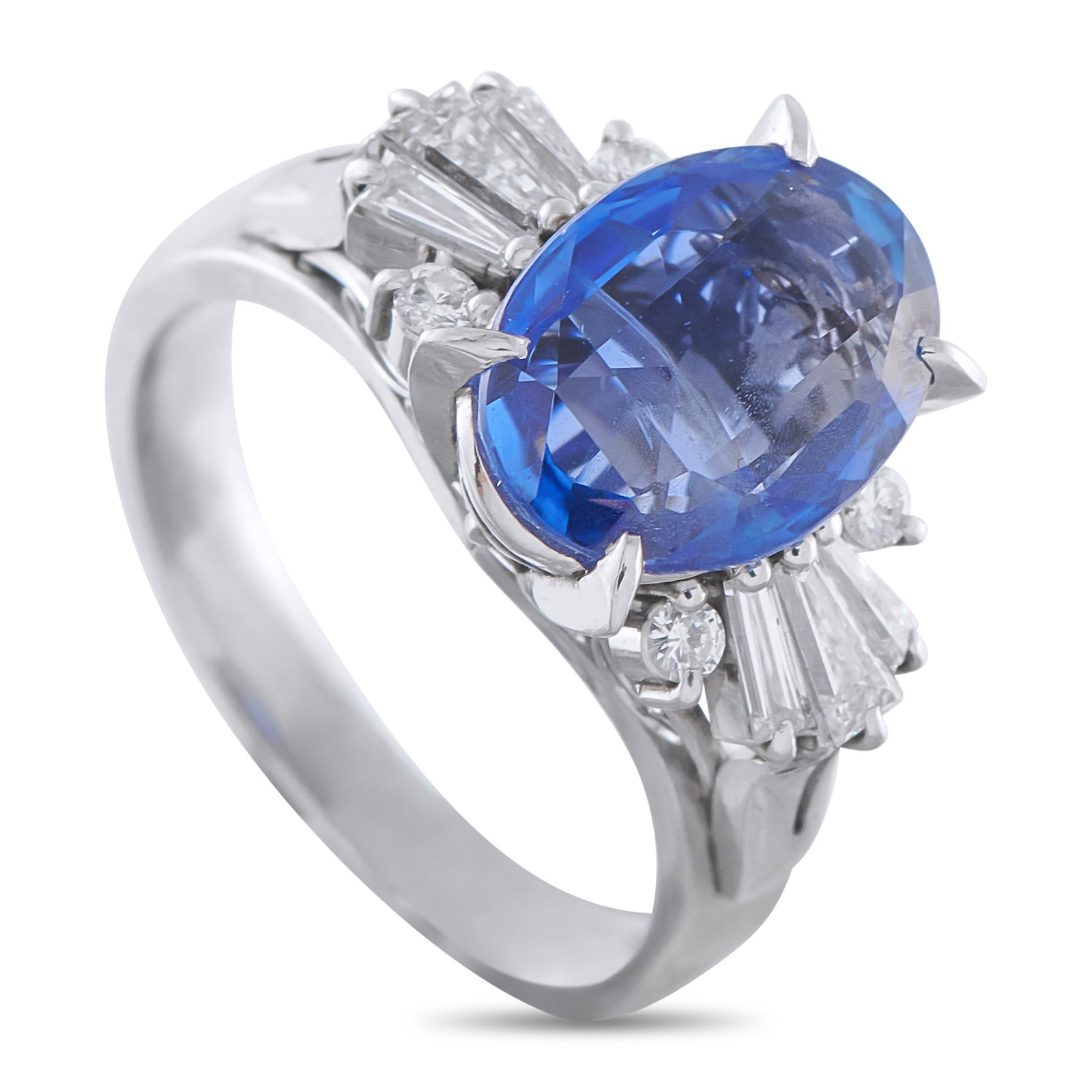 Platinum 0.56ct Diamond and Sapphire Ring: This luxury ring is filled with exquisite details. On this timeless piece, a 4.15 carat GIA-Certified Sapphire center stone is elegantly accented by Diamonds totaling 0.56 carats. The detailed Platinu
