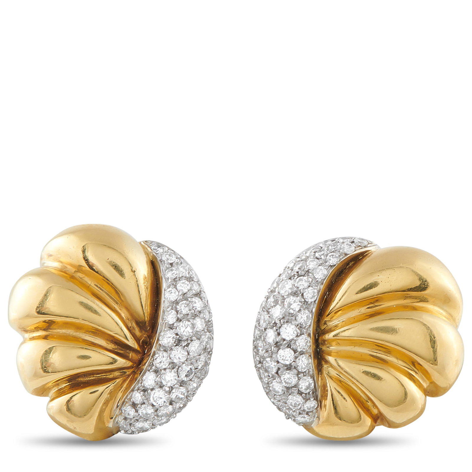 18K Yellow Gold 2.10ct Diamond Shell Earrings: Inspired by the curves of a seashell, these earrings take shape in polished yellow gold, with a scalloped surface that reflects light across each ridge. A contrasting white gold segment cuts through t