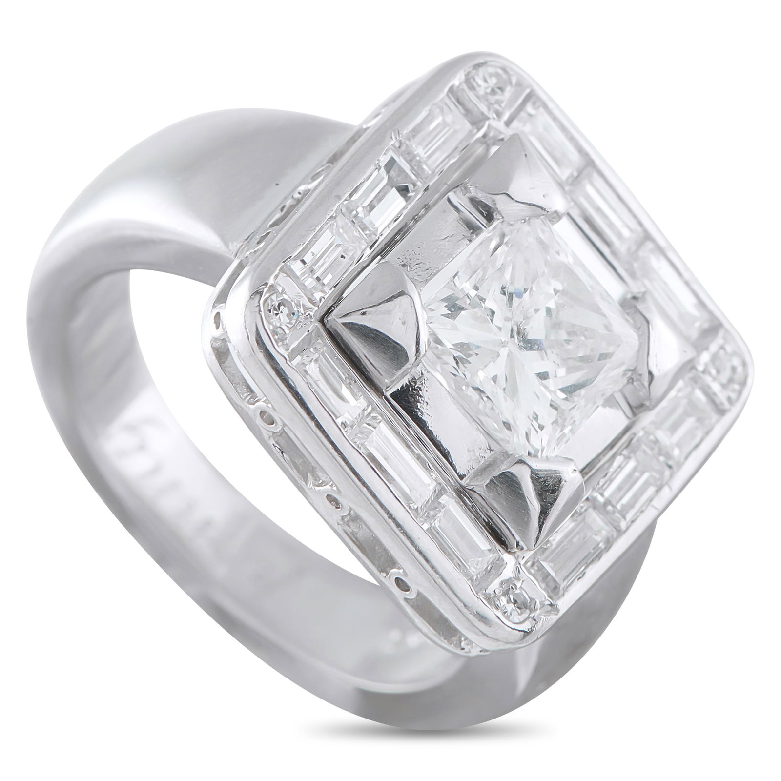 Platinum 2.17ct Diamond Ring: A sleek, sophisticated design makes this luxury piece ideal for any occasion. The square setting is elevated by a 1.52 carat Diamond center stone. Additional Diamond accents totaling 0.65 carats provi