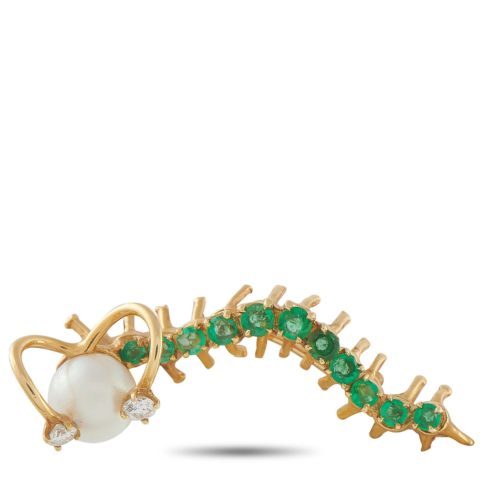18K Yellow Gold Diamond, Emerald, and Pearl Caterpillar Brooch: This brooch is instantly captivating. Meant to resemble a Caterpillar, vibrant Emerald gemstones add a splash of color to the charming design. A pearl serves as the head, while sparkling Diamonds acce