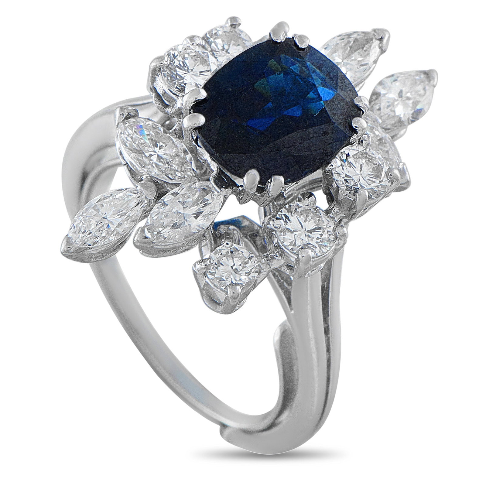 18K White Gold 1.15ct Diamond and Sapphire Ring: This luxury ring has an undeniable elegance. It features a 1.90 carat Sapphire center stone surrounded by sparkling Diamond accents with a total weight of 1.15 carats. Set in 18K White Gold, a 1mm wid