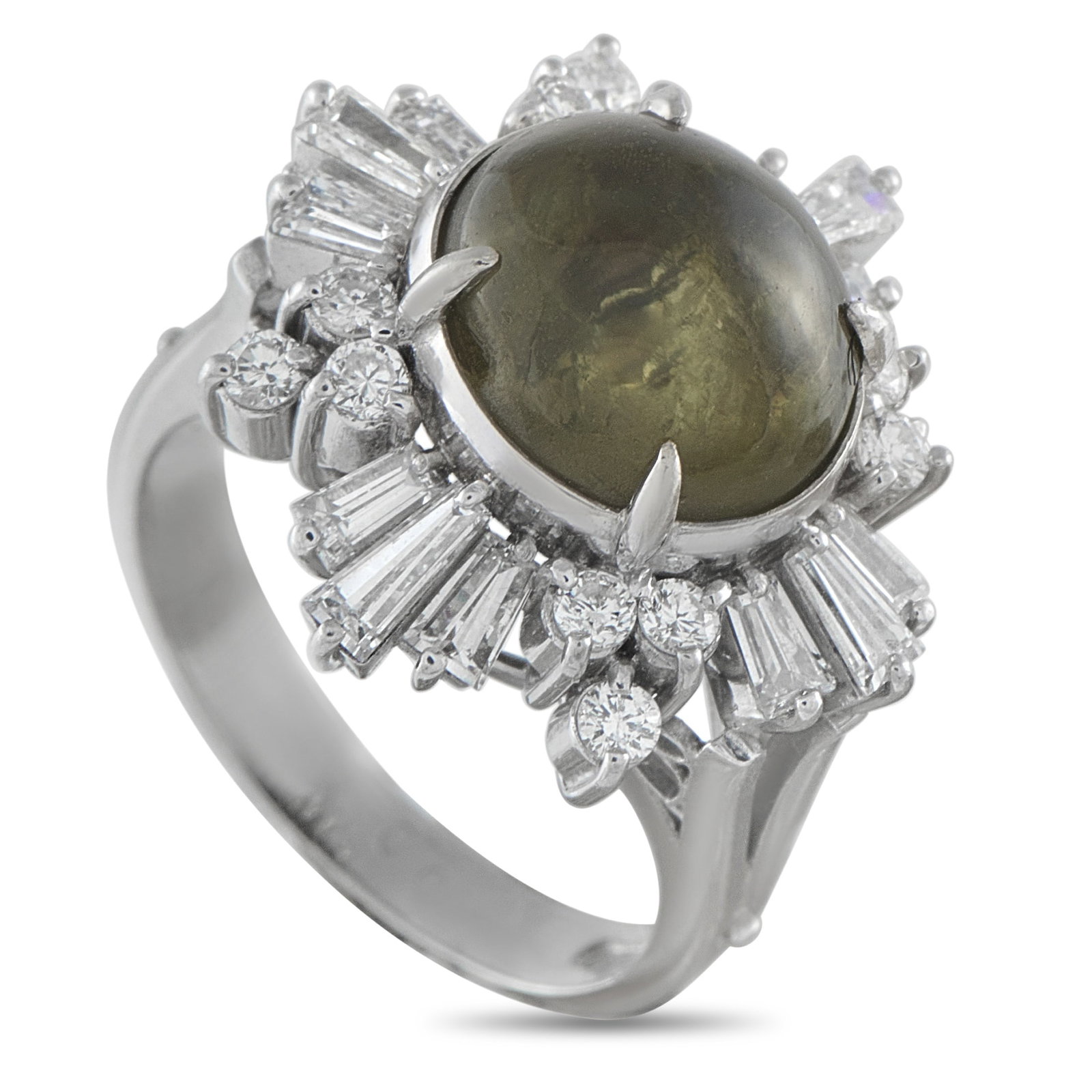 Platinum 1.26ct Diamond and Cats Eye Ring: This impeccably crafted ring is poised to add a pop of color to any ensemble. At the center of the Platinum setting, a captivating 7.0 carat Cat’s Eye cabochon serves as a stunning focal point. It��