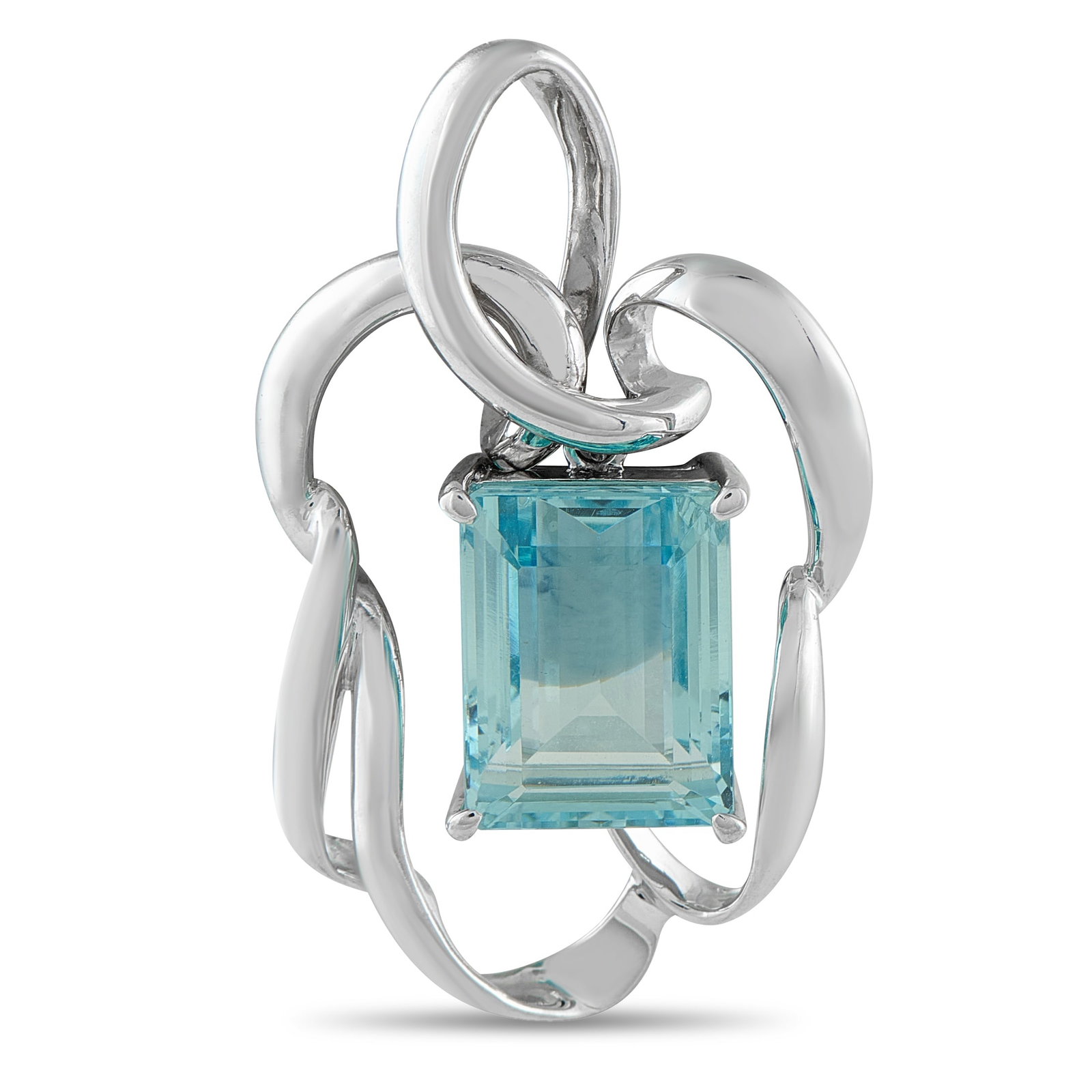 Platinum 14.40ct Aquamarine Pendant: This delicate pendant is full of color, texture, and movement. A fluid Platinum setting beautifully frames the 14.40 carat Aquamarine gemstone at the center of the design. Elegant enough for any occas