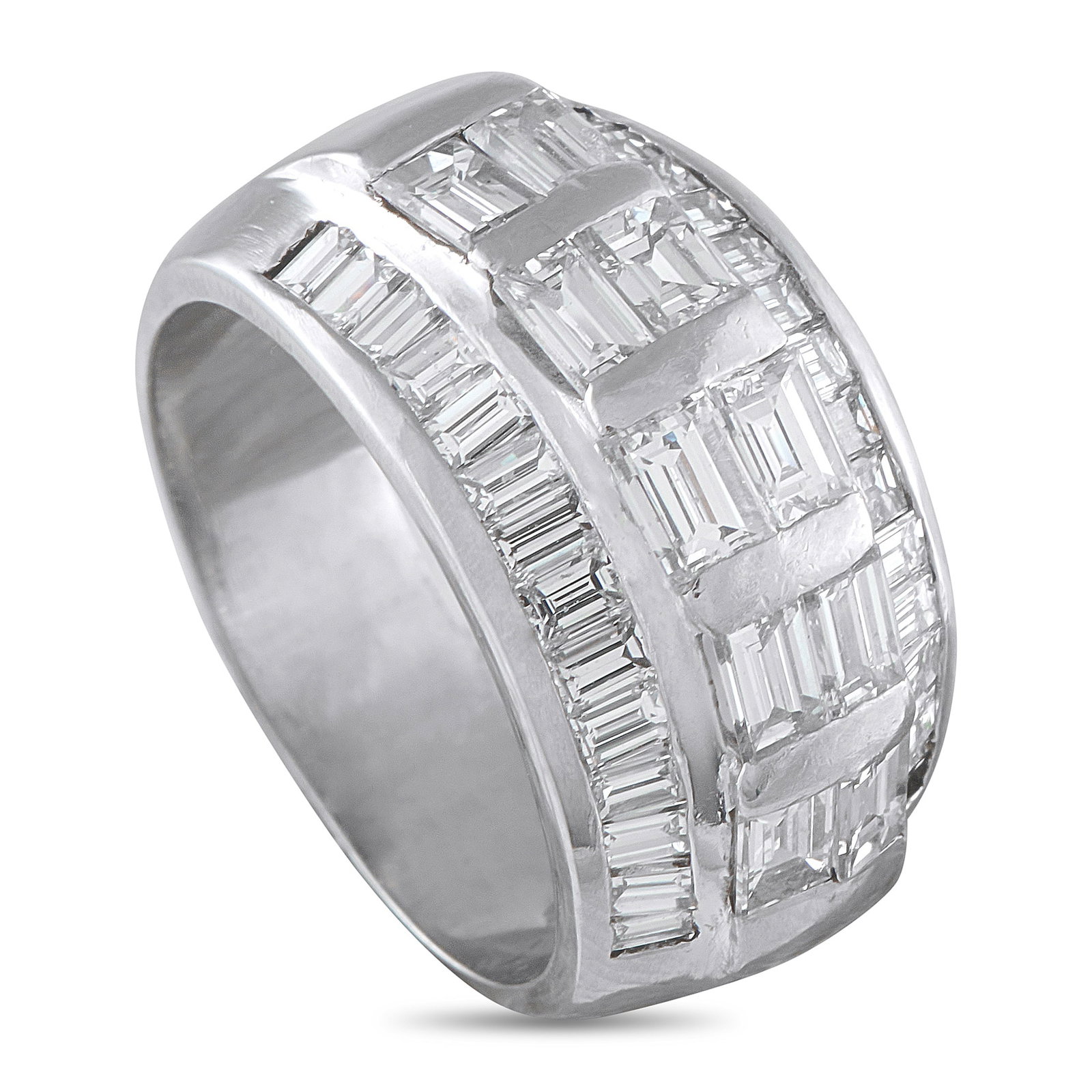 Platinum 3.0ct Diamond Ring: Step cut Diamonds totaling 3.0 carats cover the top of this breathtaking ring. The domed Platinum setting adds even more elegance to the eye-catching design. It features a 7mm wide band and a 4mm top 