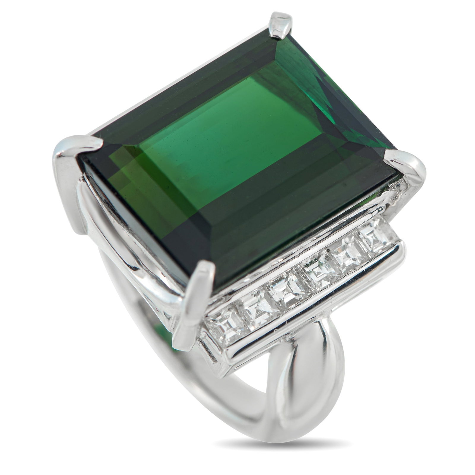 Platinum 0.99ct Diamond and Green Tourmaline Ring: An piece displaying the perfect balance of softness and structure. It features a 15.07-carat green tourmaline sitting on four prongs above a box-style setting, giving it height and definition. On each