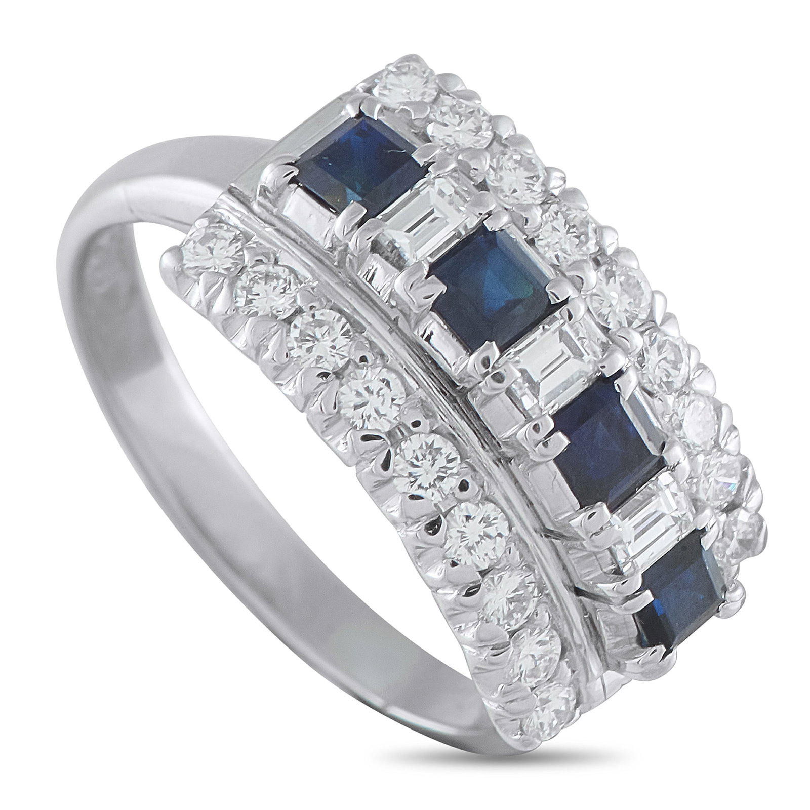 Platinum 0.69ct Diamond and Sapphire Ring: An ring with an unexpected touch of vintage artistry. This piece features a central row where square-cut sapphires boldly alternate with crisp baguette diamonds. Flanking this striking center are bord