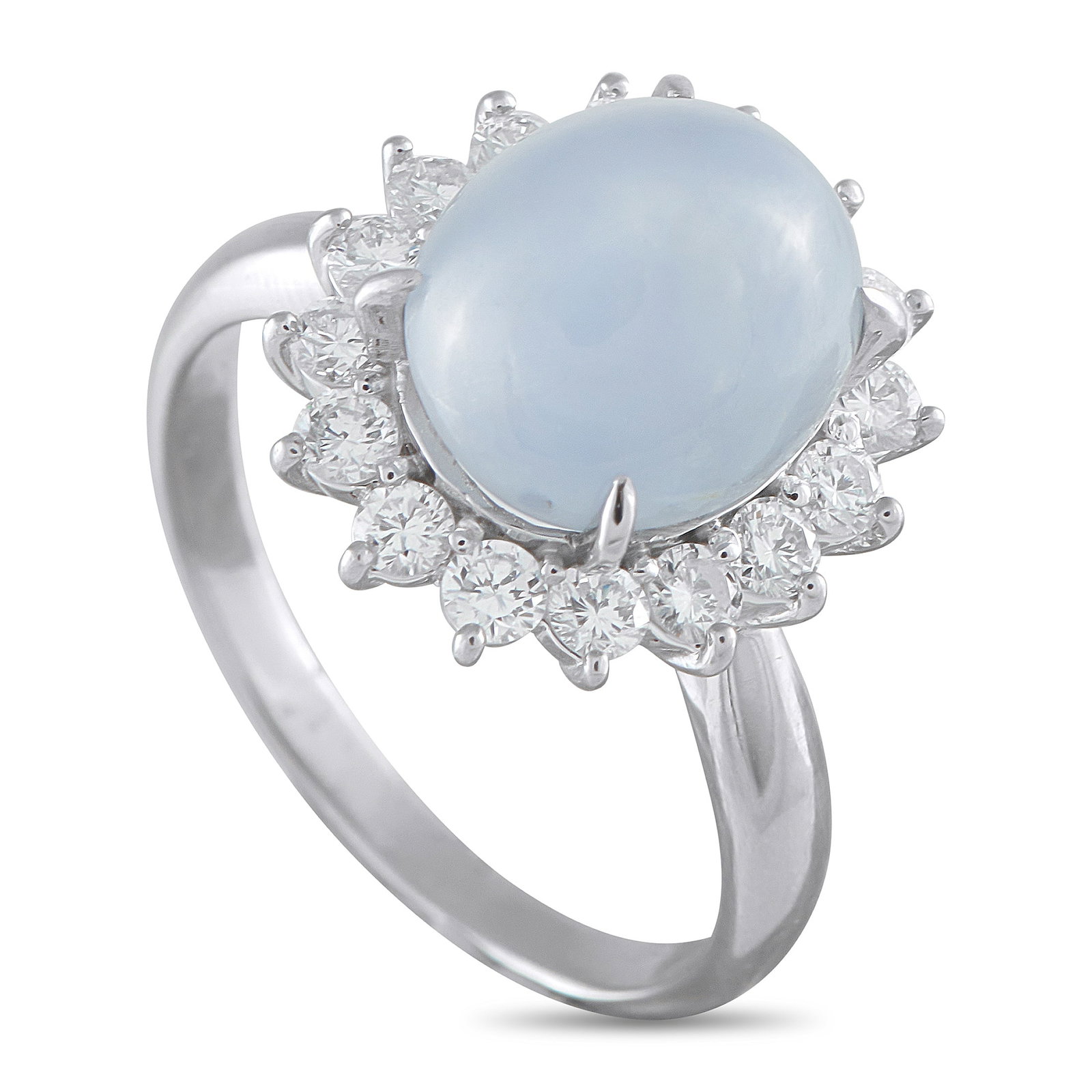 Platinum 0.80ct Diamond and Baby Blue Sapphire Ring: This ring captures the serene brilliance of the sky in wearable form. It showcases a 9.9-carat baby blue sapphire cabochon held by four claw prongs. Encircling it is a sunburst halo of 0.80 carat diam