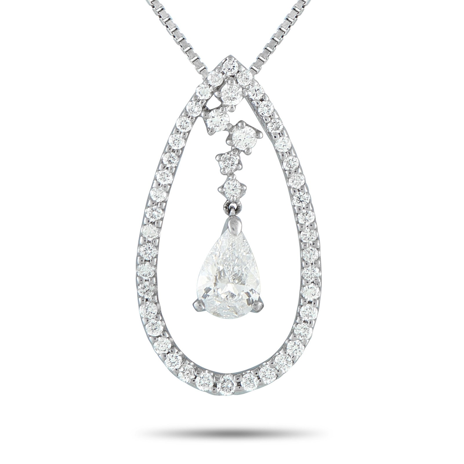 Platinum 1.67ct Diamond Teardrop Necklace: Seen here is a 1.01-carat pear-cut diamond hanging freely within a teardrop-shaped halo of smaller round diamonds. The soft movement and layers of sparkle give this necklace a charming appeal that’s