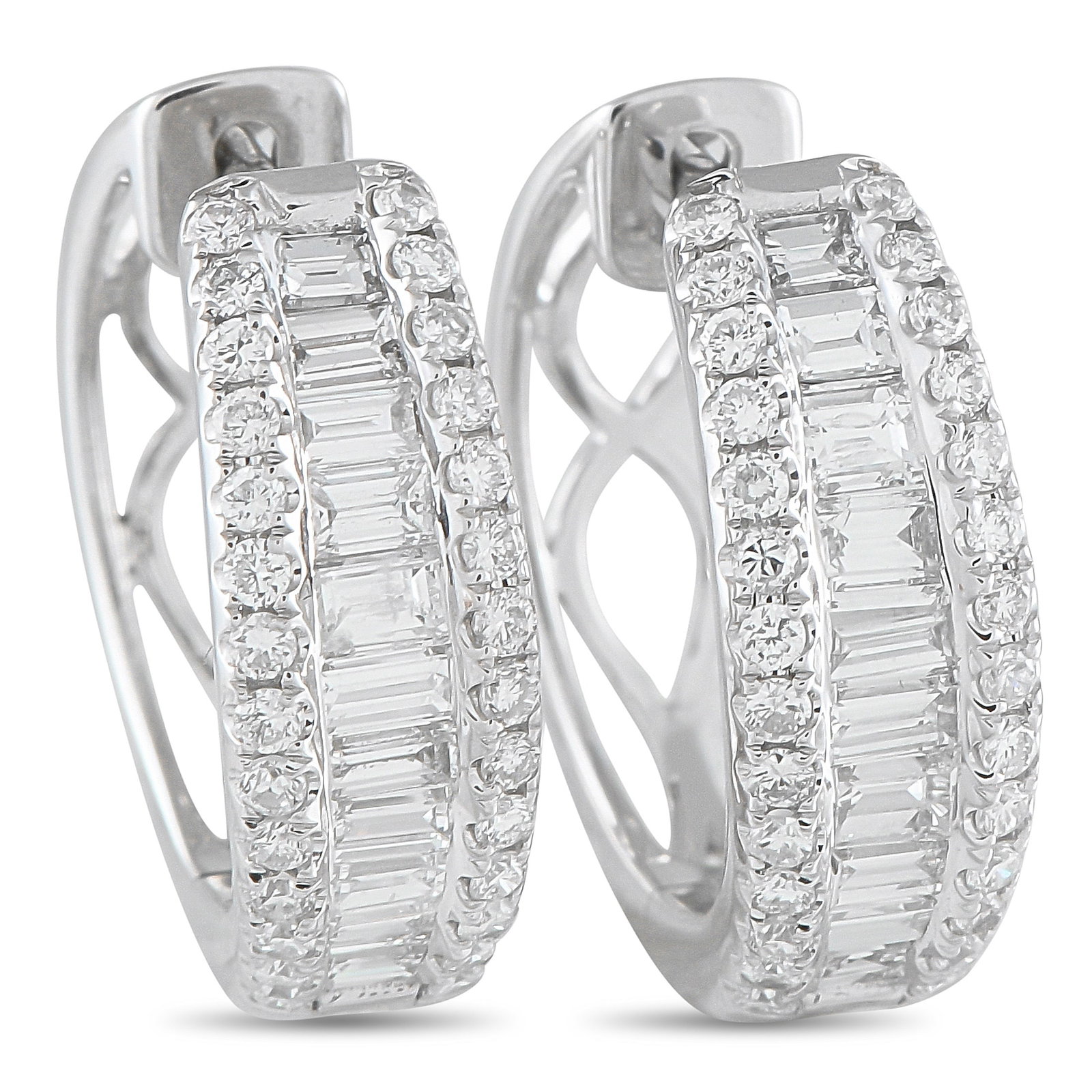 18K White Gold 1.65ct Diamond Hoop Earrings: These earrings will add a touch of luxury to any occasion. Crafted with a curved 18K White Gold setting, round-cut Diamonds and Diamond baguettes totaling 1.65 carats make them instantly eye-catching.