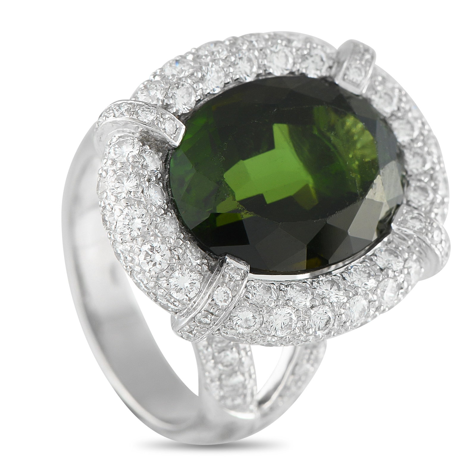 18K White Gold 3.30ct Diamond and Tourmaline Ring: This luxury ring is designed to instantly capture your imagination. Diamonds with a total weight of 3.30 carats elevate the 18K White Gold setting and allow it to sparkle from every angle. At the cent