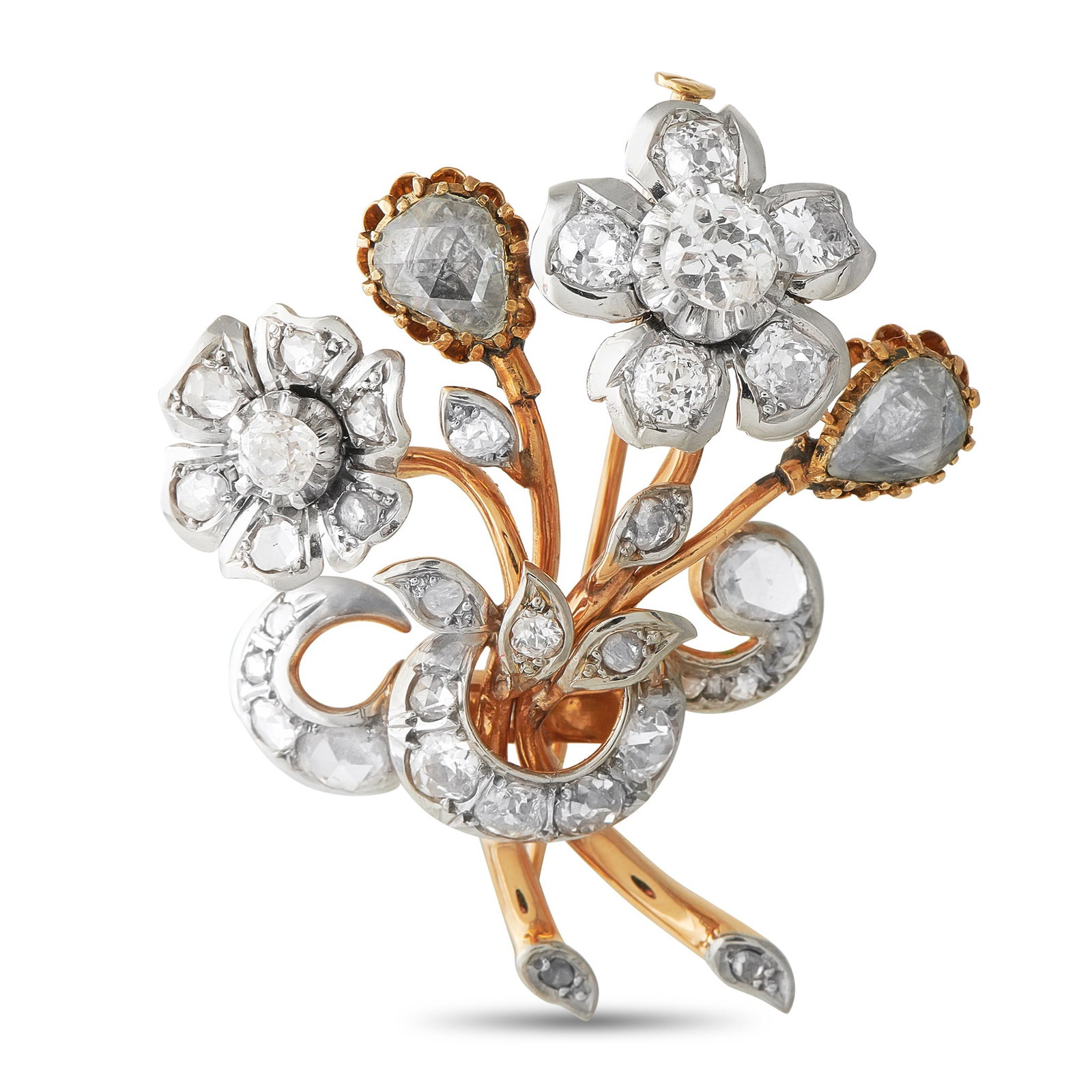 Platinum and 18K Rose Gold 4.52ct Diamond Edwardian Flower Brooch: You’re looking at a wearable ode to Edwardian refinement. This brooch is crafted in platinum and rose gold and features a floral bouquet motif that captures the graceful elegance of a bygone era. Di