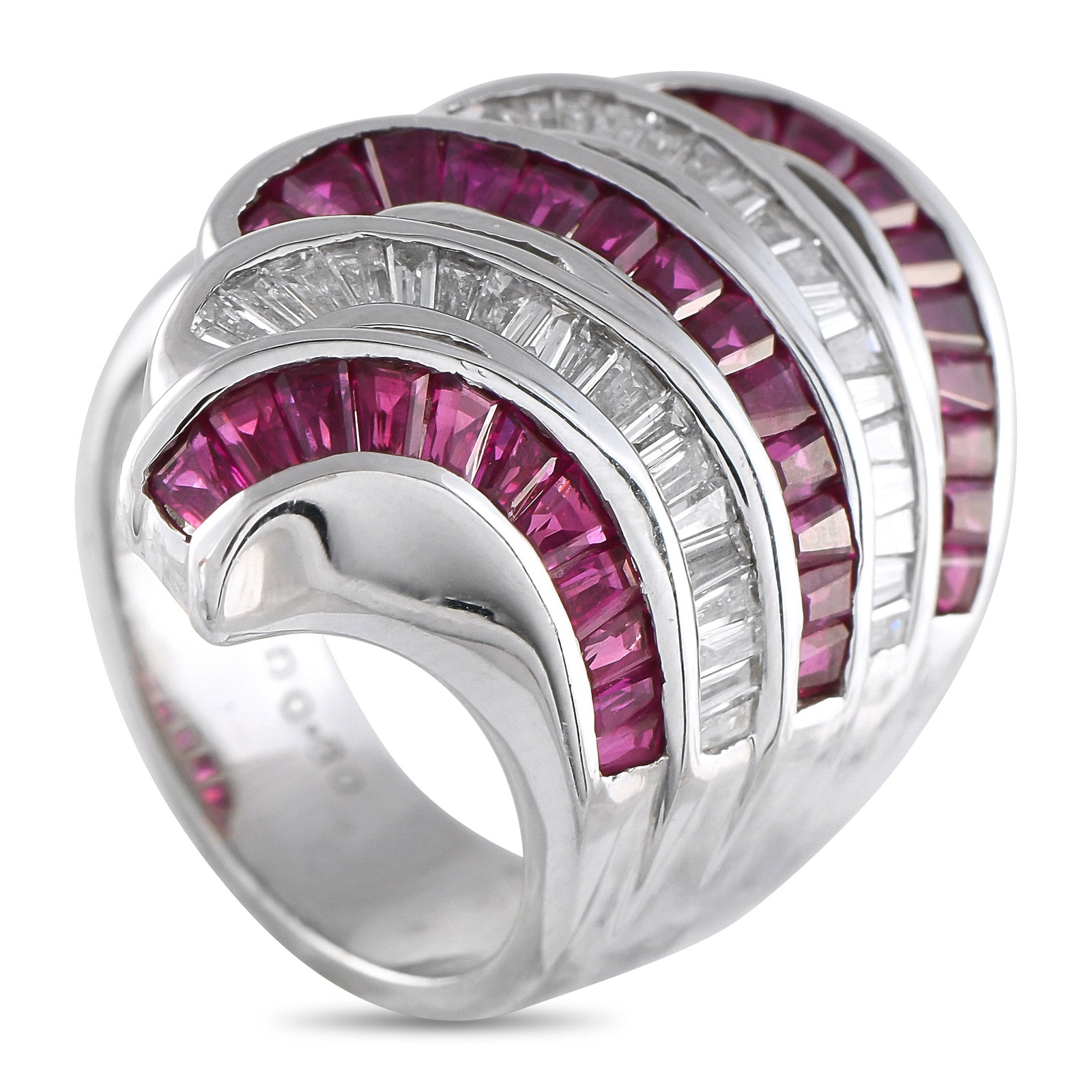 18K White Gold 0.80ct Diamond and Ruby Multi-Row Ring: A distinctly stunning multi-row ring for when you need a bold and brilliant finger hugger. This white gold piece features alternating rows of tapered baguette diamonds and tapered baguette rubies. The