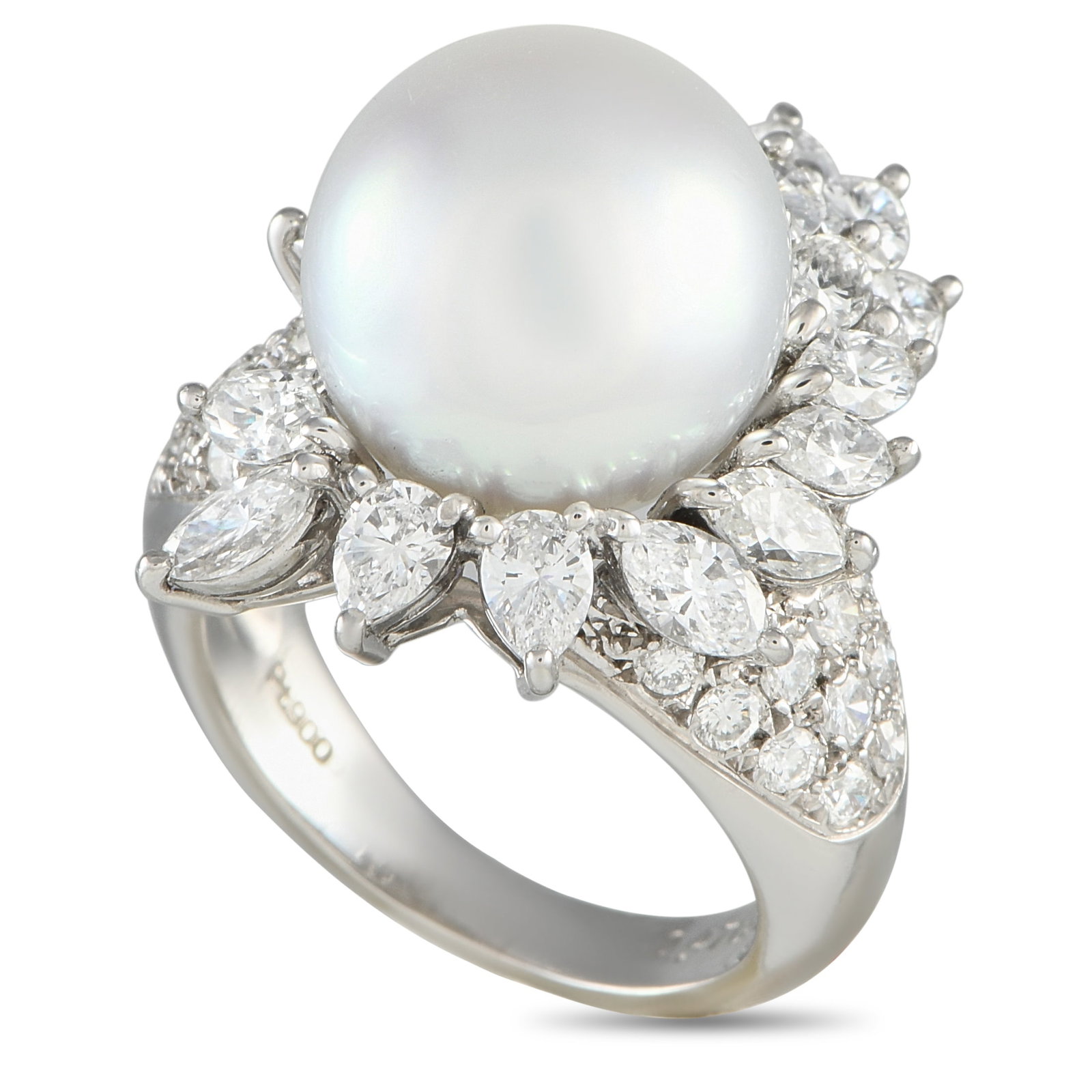 Platinum 2.47ct Diamond and Pearl Ring: This luxury ring is unlike anything you have seen before. The dynamic Platinum setting effortlessly catches the light thanks to Diamonds with a total weight of 2.47 carats. At the center, a singular P