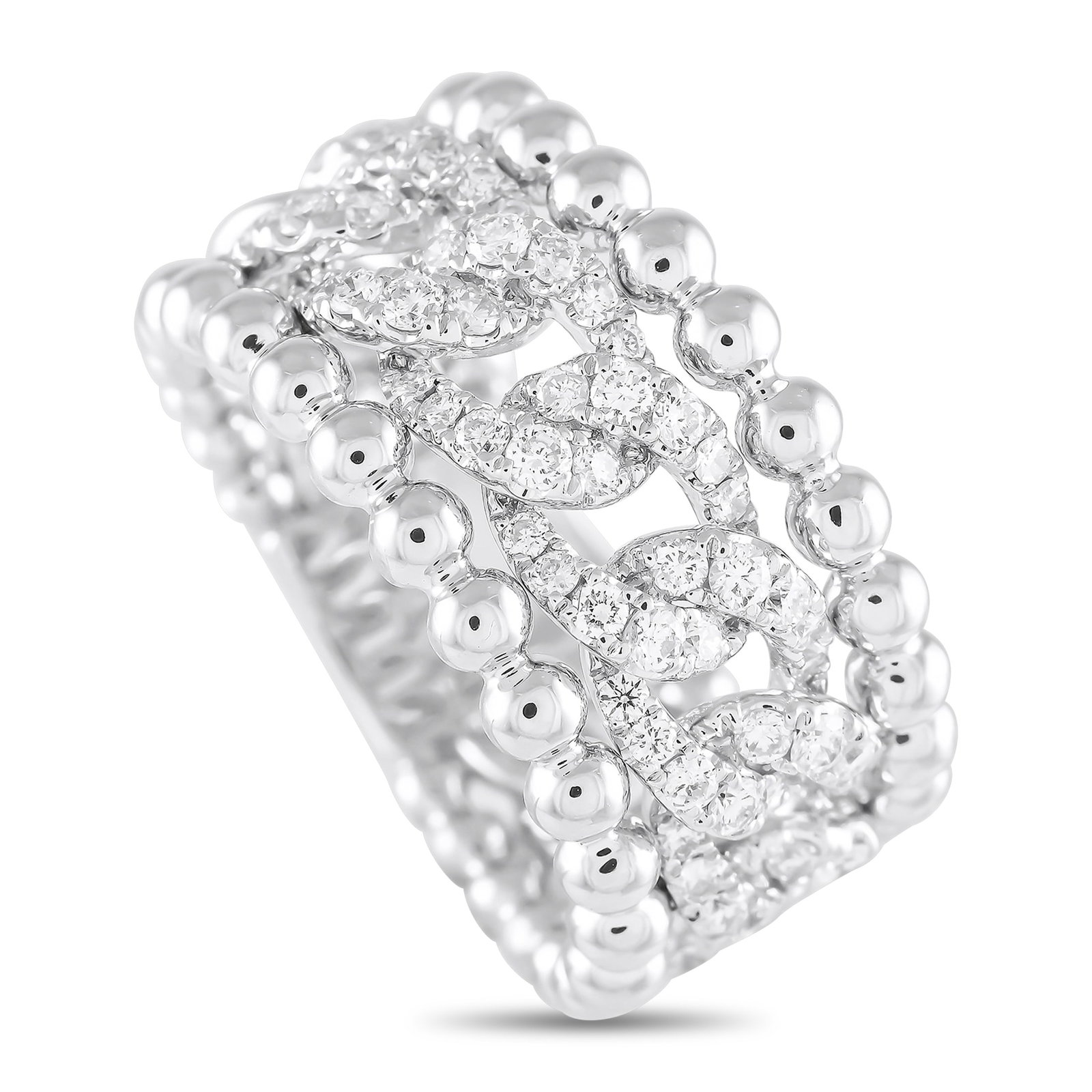18K White Gold 0.80ct Diamond Beaded Openwork Ring: A sensational band, this ring offers a lot of detail. The wide, openwork band is fashioned from 18K white gold. Its edges feature white gold beads in polished finish, framing a curb-style chain patter
