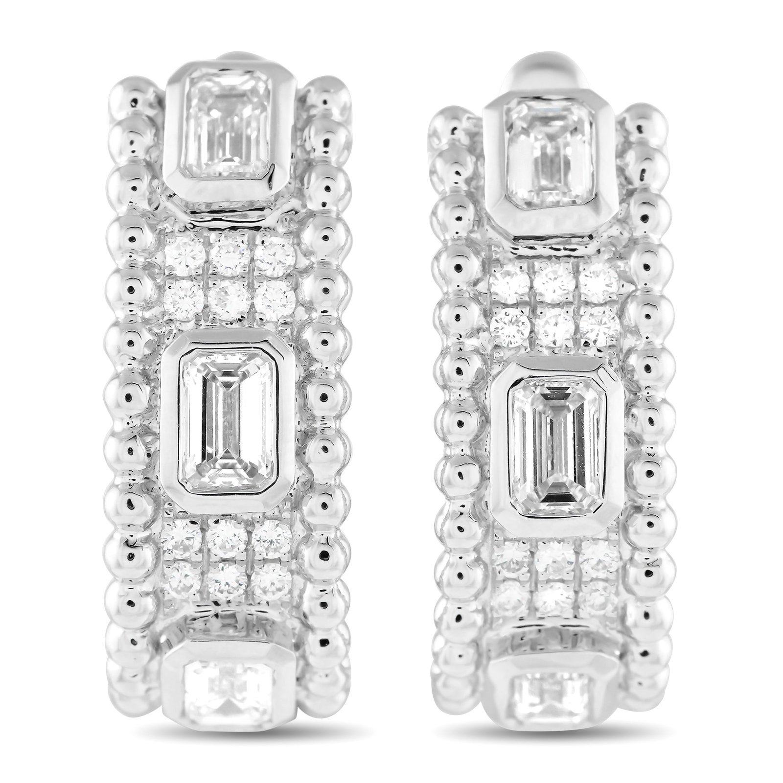 18K White Gold 2.25ct Diamond Earrings: Sparkle, shine, and style are all present in this pair of white gold earrings. The hoops are designed with beaded edges and a hinged snap clasp. In between the beaded border are six round diamonds nea