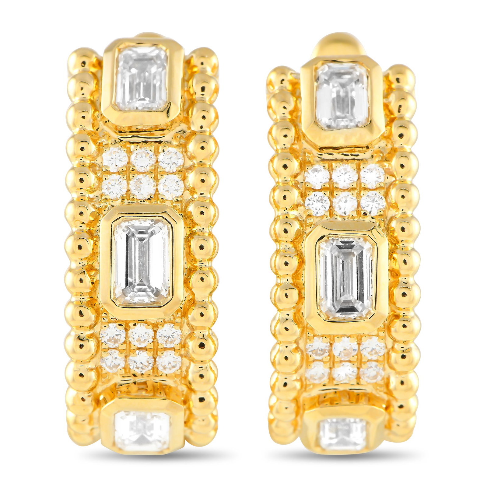 18K Yellow Gold 2.25ct Diamond Earrings: Sparkle, shine, and style are all present in this pair of yellow gold earrings. The hoops are designed with beaded edges and a hinged snap clasp. In between the beaded border are six round diamonds ne