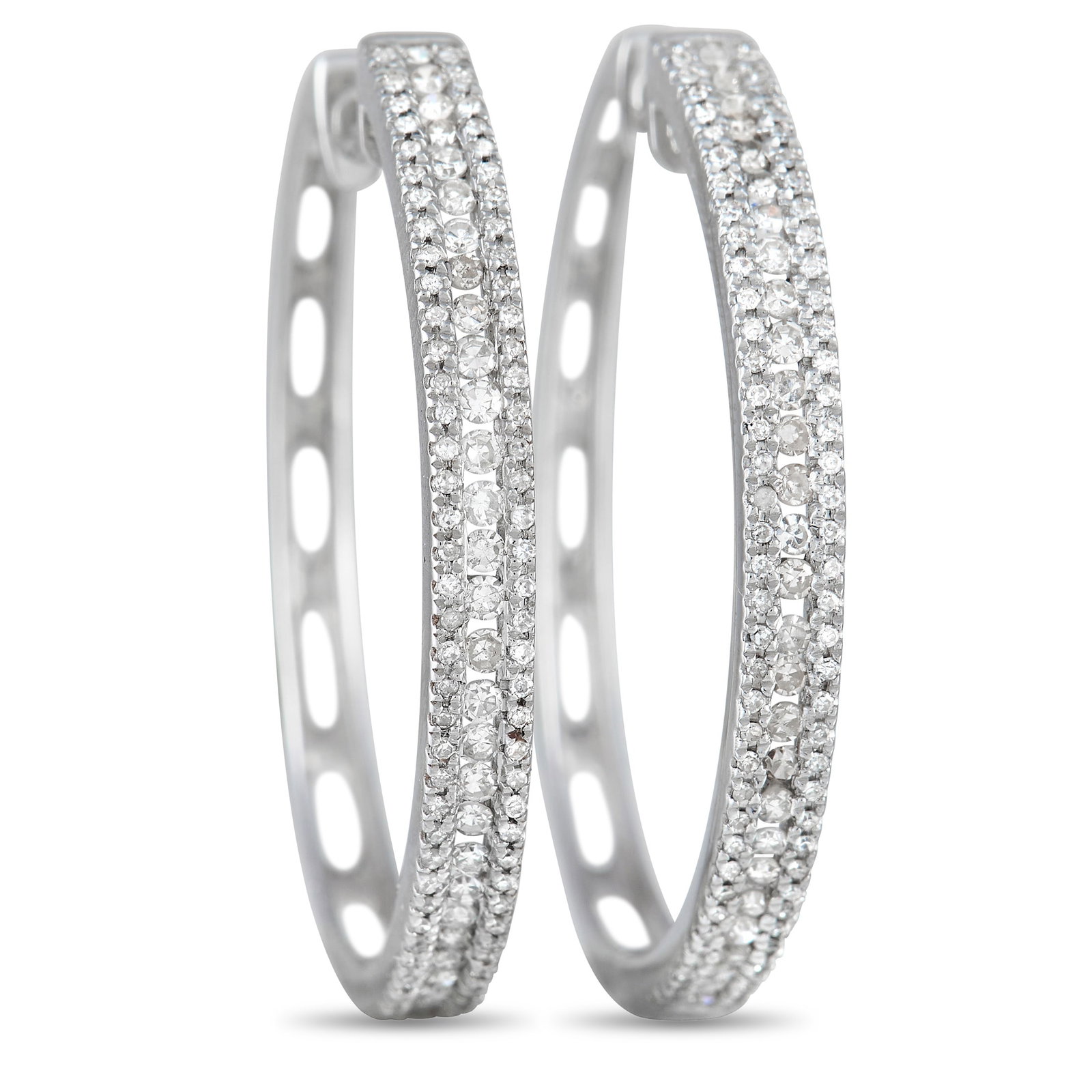 14K White Gold 3-Row 1.06 Carat VS1 G Color Diamond Hoop Earrings: The prestigious sheen of 14K white gold and the alluring glisten of diamonds harmoniously combine into creating a wonderfully sophisticated sight in these stunning hoop earrings. The pair weighs 14.7 
