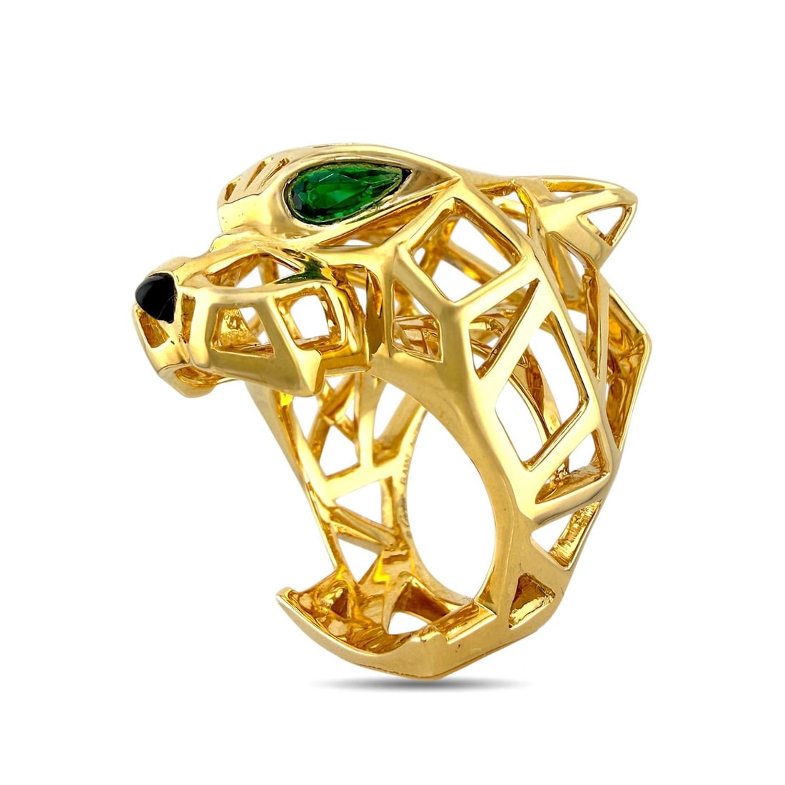 Cartier Panthere de Cartier 18K Yellow Gold Ring: Cartier Panthère de Cartier 18K Yellow Gold Tsavorite Garnet and Onyx Ring Cartier Panthere de Cartier ring crafted in 18K yellow gold with a hollow openwork panther design. The panther motif, one
