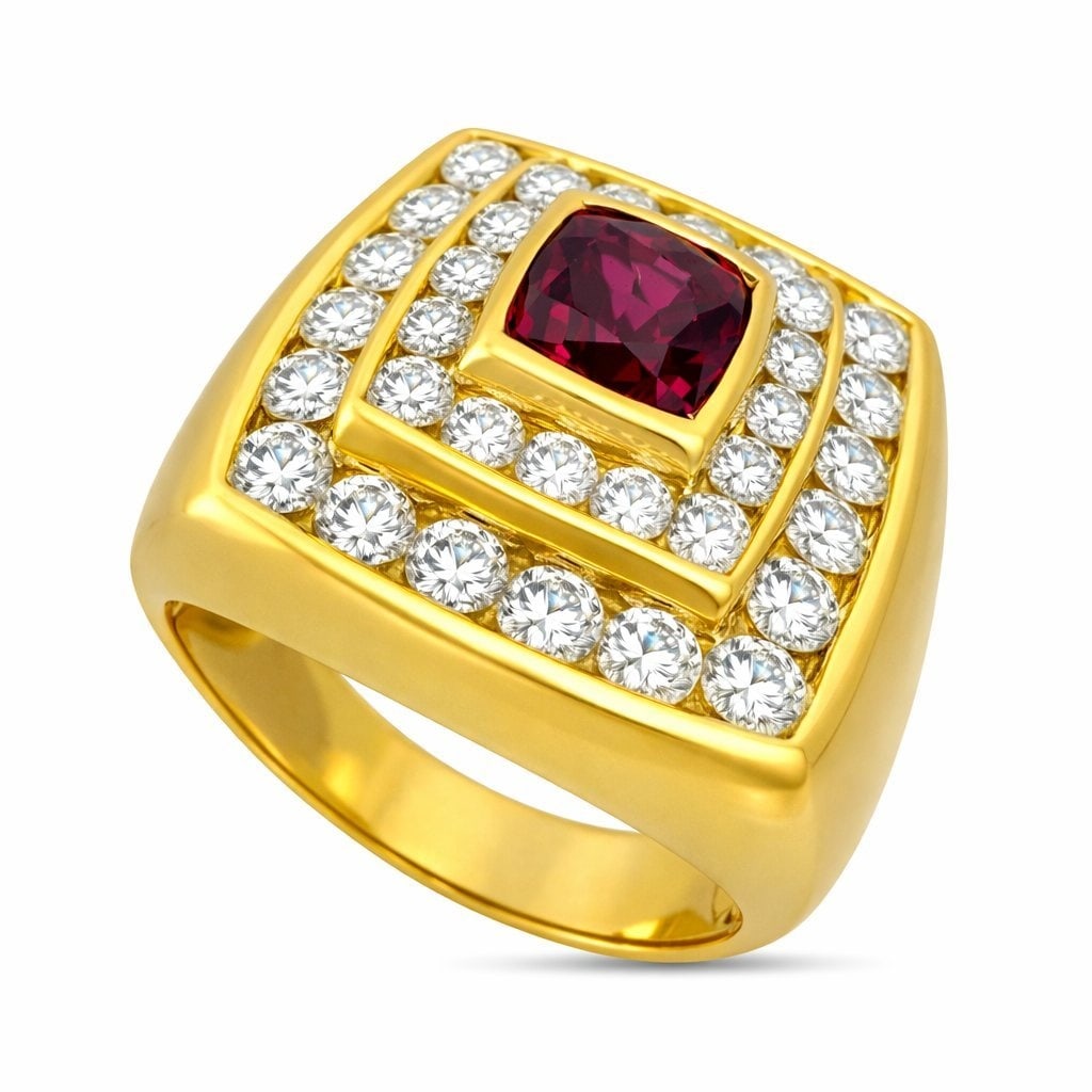 18K Yellow Gold 2.7ct Diamond and 1.2ct Ruby Ring: 18K Yellow Gold 2.7ct Diamond and 1.2ct Ruby Ring A bold and substantial design crafted in rich 18 karat yellow gold, featuring two graduating rows of brilliant diamonds that lead the eye toward a vib