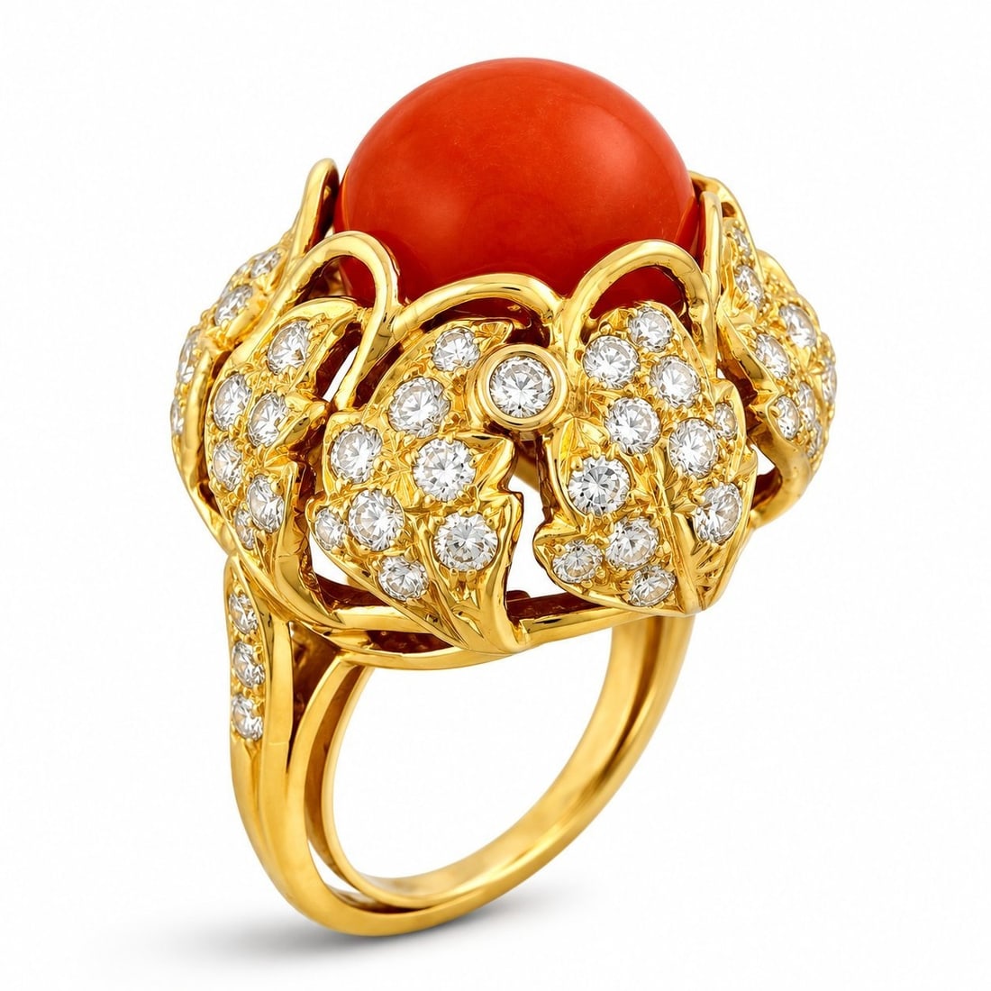 14K Yellow Gold Large Coral and 1.5ct Diamond Ring: 14K Yellow Gold Large Coral and 1.50ct Diamond Ring A bold and sophisticated statement, this 14K yellow gold ring features a vivid red coral centerpiece measuring 1.3 cm in diameter. The rich hue of t