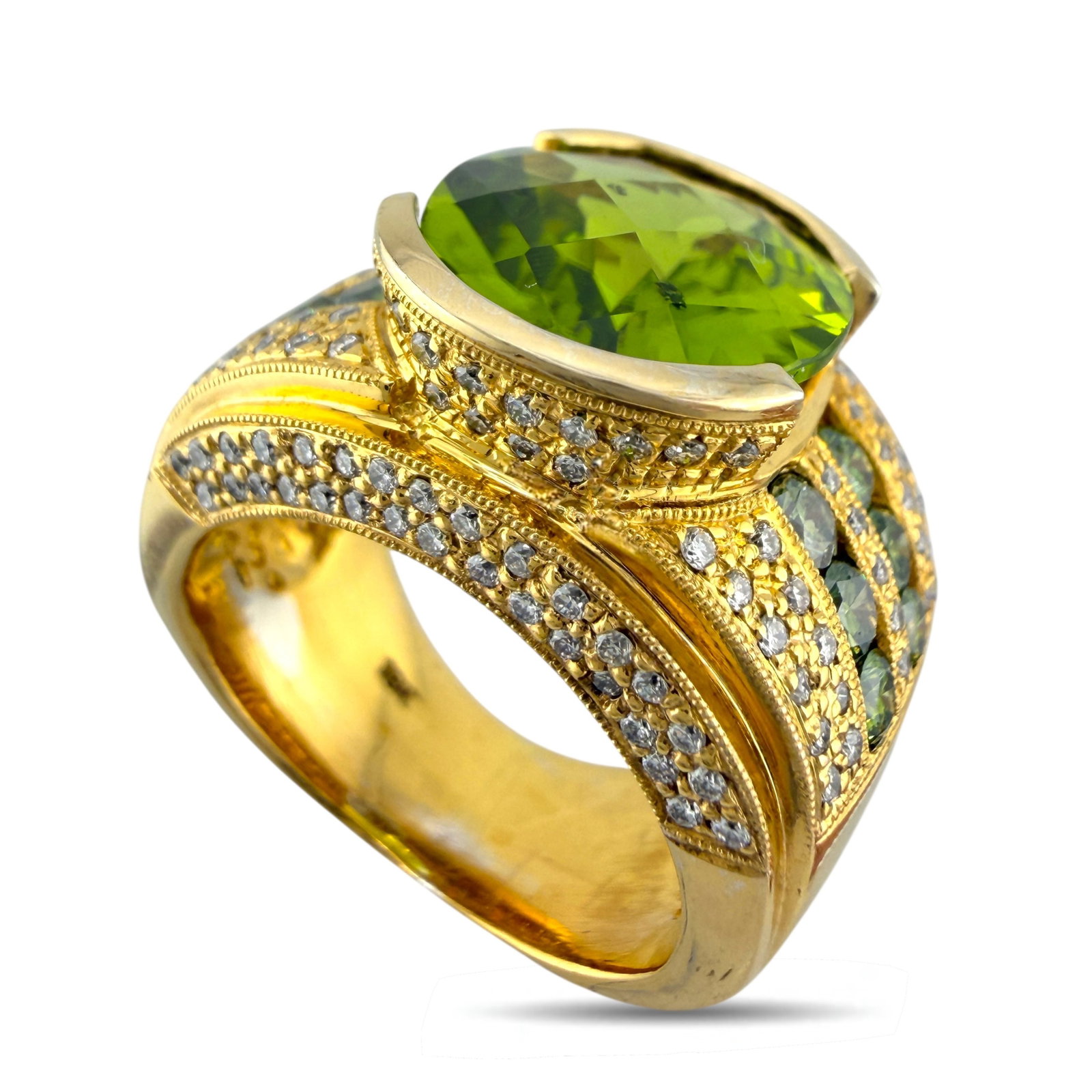 18K Yellow Gold 8ct Citrine, 0.86ct Diamond and Emerald Cocktail Ring: 18K Yellow Gold 8ct Citrine, 0.86ct Diamond and Emerald Cocktail Ring A bold and vibrant cocktail ring crafted in rich 18 karat yellow gold, designed with impressive scale and presence. The compositio