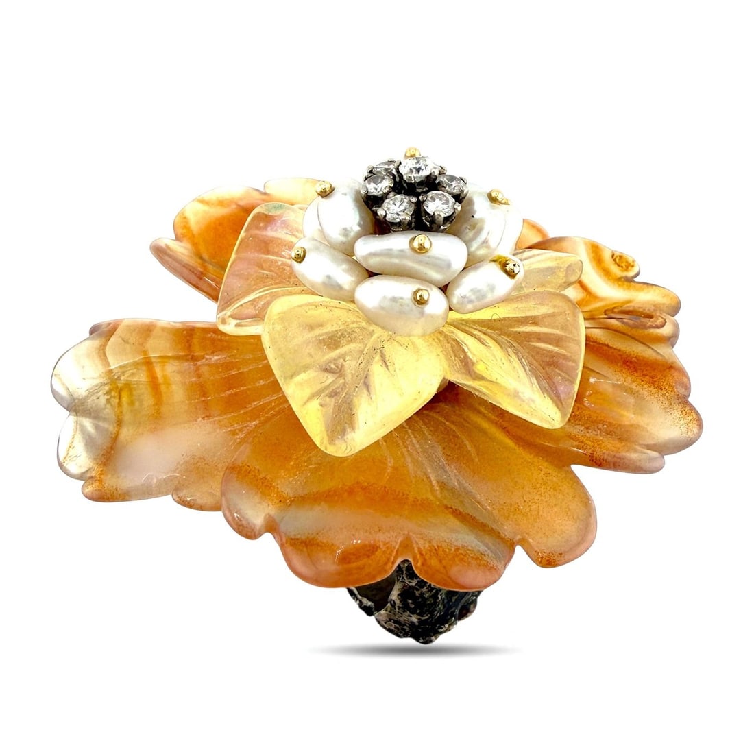 14K White Gold Diamond and Blue Sapphire Flower Ring: Val Stern 14K Gold Orange Agate Pearl and 0.25ct Diamond Flower Ring A statement flower ring by Val Stern, crafted in 14K gold with layered carved agate petals in yellow and orange tones. The design f