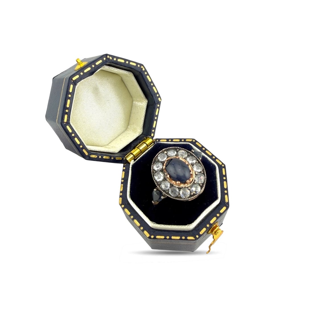 14K Rose Gold Imperial Faberge Russian 0.72ct Sapphire and 0.72ct Diamond Ring: 14K Rose Gold Imperial Faberge Russian 0.72ct Sapphire and 0.72ct Diamond Ring A refined Imperial Russian rose gold ring centered with an oval cut sapphire, framed by bright diamonds and accented with