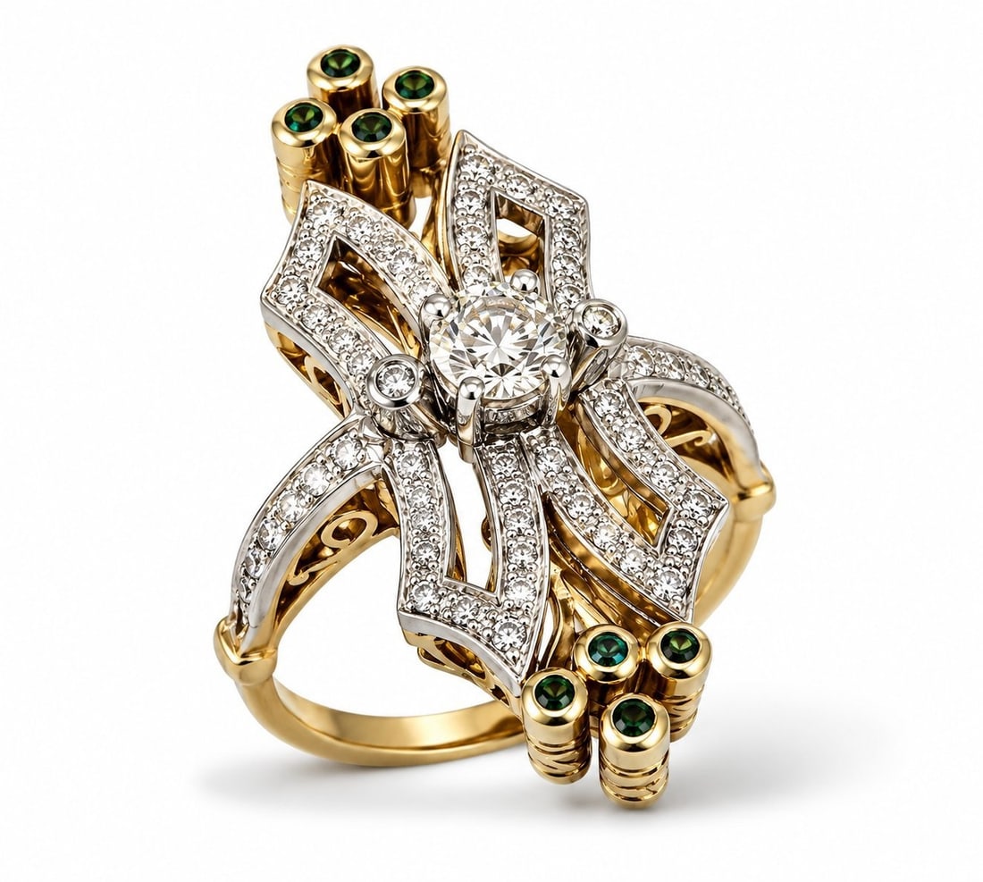 14K Gold and 2.56ct Diamond Ring: This bold and artistic 14K gold ring showcases an extraordinary architectural design accented with sparkling diamonds and vivid sapphires. At the center sits a brilliant natural diamond weighing