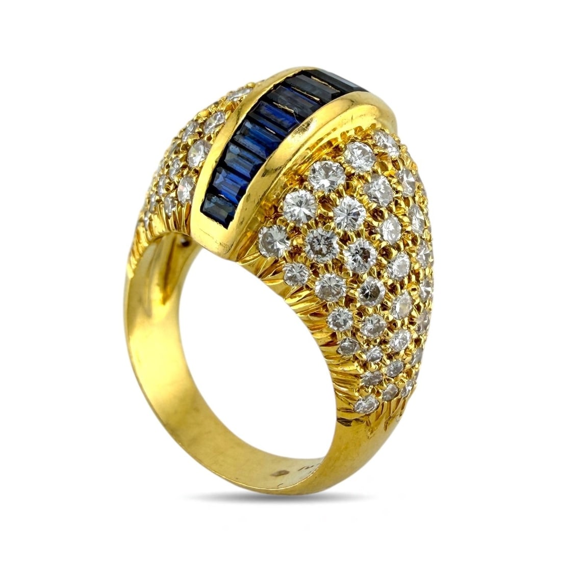 18K Yellow Gold Ring: 18K Yellow Gold Emerald-Cut Natural Sapphires and 2.1ct Diamond Ring This elegant 18K yellow gold ring features a seamless row of 15 emerald-cut sapphires in varying sizes, each set with precision to