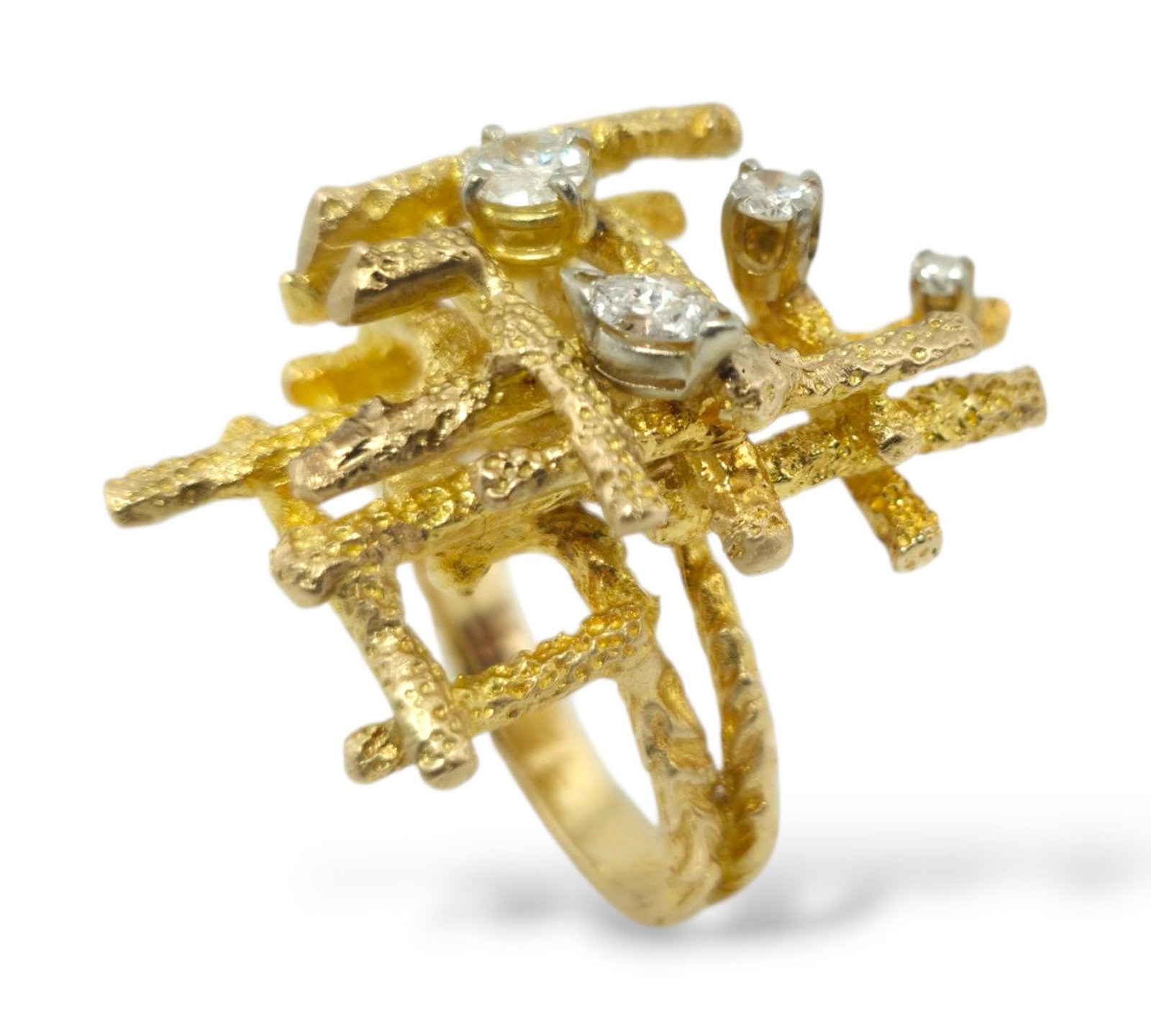 Large 14K Yellow Gold and 0.56ct Diamond Ring: Modern Large 14K Gold and 0.56Ct Diamond Ring 14K Yellow Gold Ring with 3 Round Diamonds and 1 Marquise Diamond Overall head 35x22mm Material: 14K Yellow Gold Diamonds: 4 Natural Diamonds, Totaling
