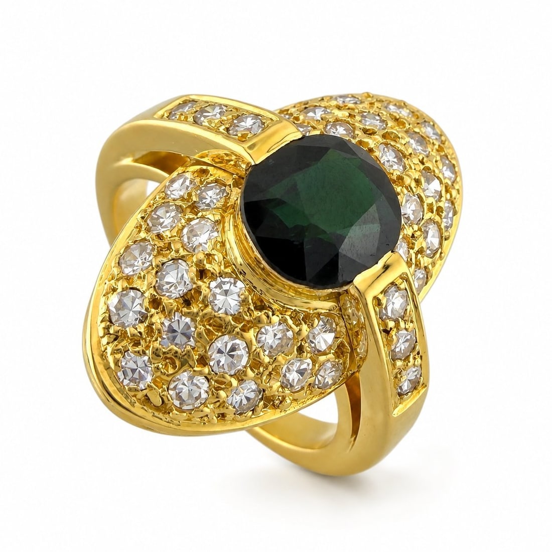 18K Yellow Gold 1.25ct Green Tourmaline and 1.0ct Diamond Ring: 18K Yellow Gold 1.25ct Green Tourmaline and 1.0ct Diamond Ring An elegant 18K yellow gold ring featuring a vivid 7 mm green tourmaline at its center, surrounded by forty brilliant diamonds totaling 1.