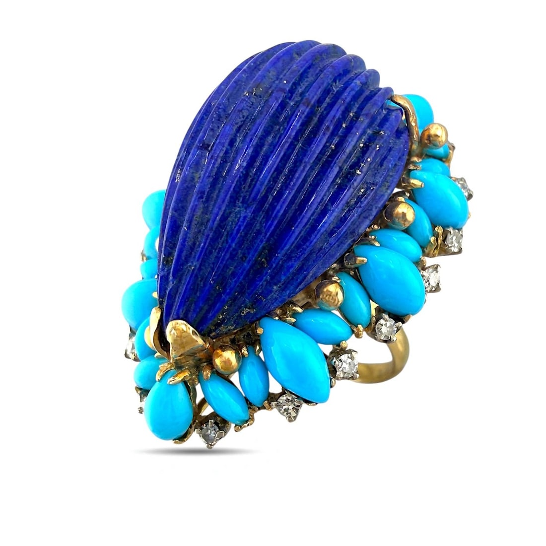 18K Yellow Gold Lapis Lazuli, Turquoise, and 0.27ct Diamond Cocktail Ring (1 of 6)