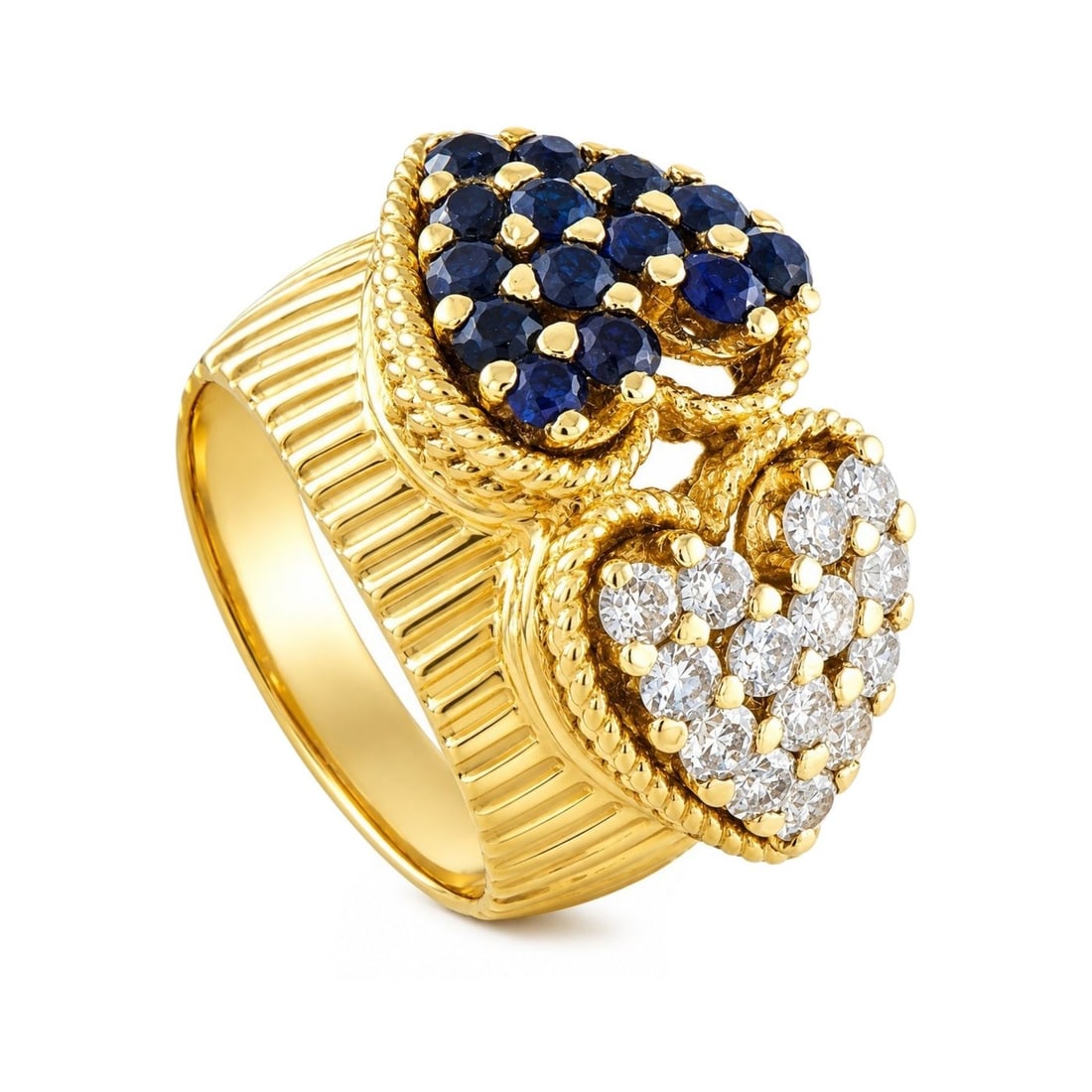 18K Yellow Gold 0.50ct Diamond and Sapphire Ring: 18K Yellow Gold 0.50ct Diamond and Sapphire Ring This luxury ring is equal parts charming and sophisticated. At the top of the textured 18K Yellow Gold setting, twin hearts are accented by Diamonds to
