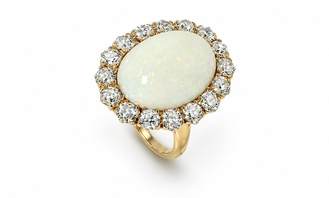 14K Yellow Gold Opal and 2.0ct Diamond Ring: 14K Yellow Gold Opal and 2.0ct Diamond Ring A charming and distinctive ring centered by a luminous opal with a soft play of color. The surrounding diamonds create a bright frame that gives the piece a