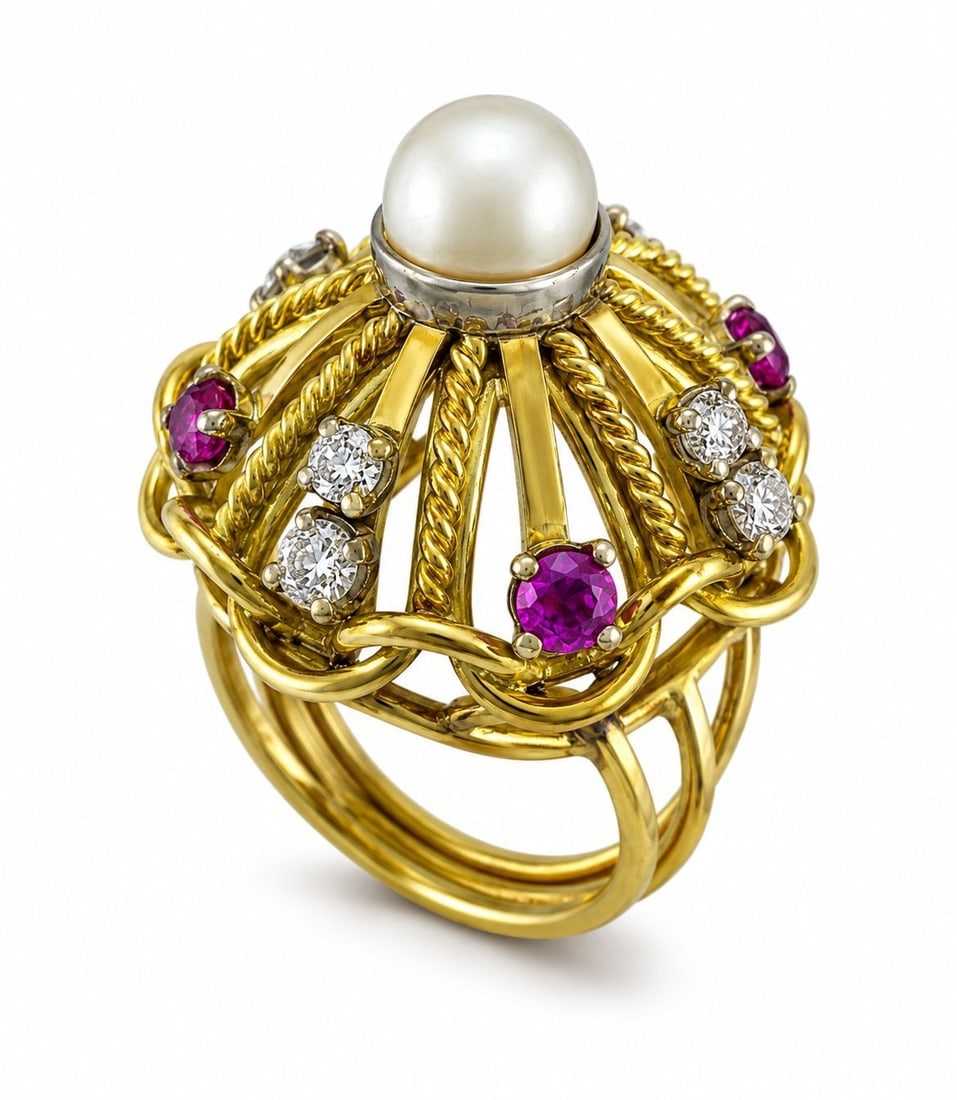 14K Yellow Gold Pearl, Ruby and Diamond Statement Dome Ring (1 of 8)