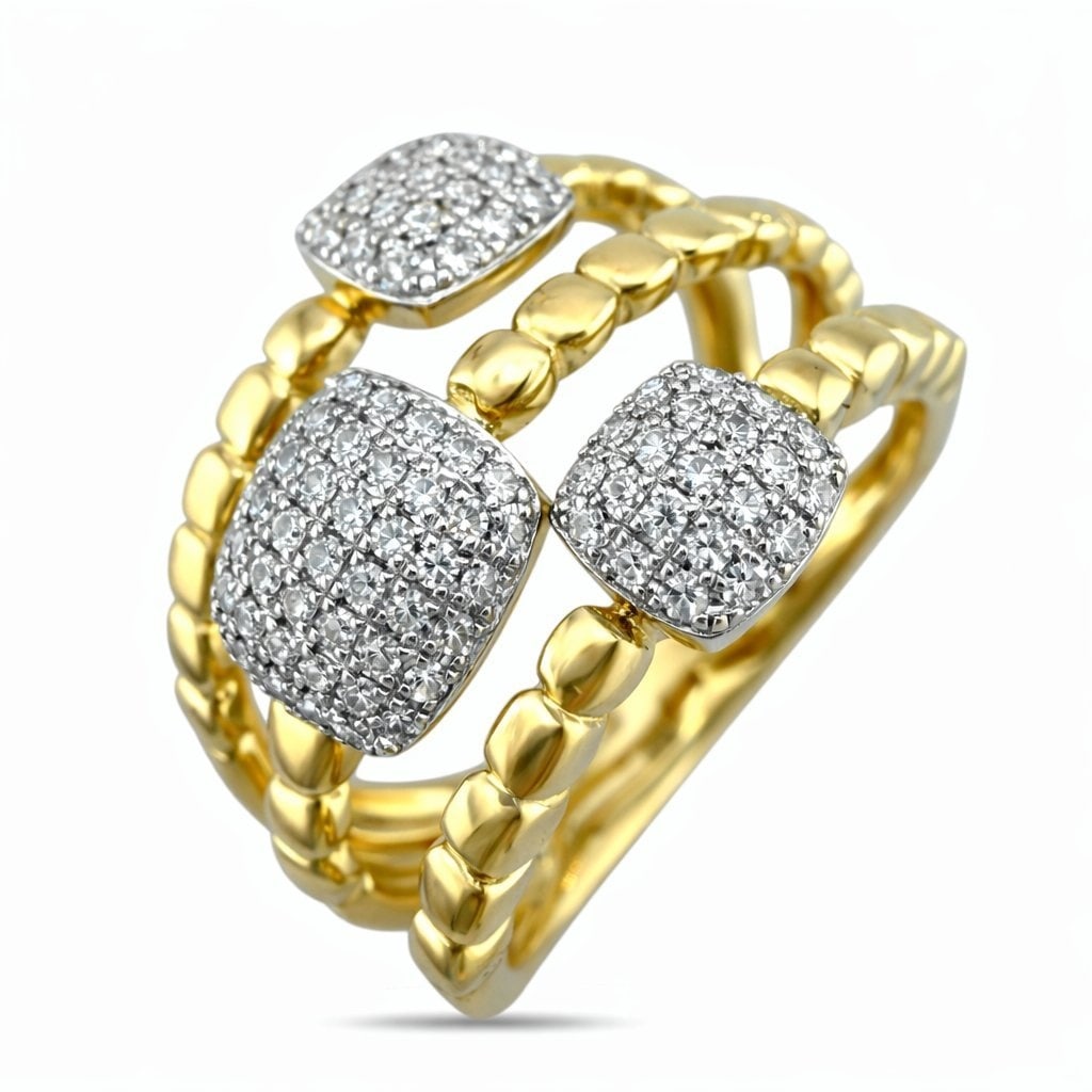 14K Yellow Gold Multi Strand 1ct Diamond Cluster Ring: 14K Yellow Gold Multi Strand 1.0ct Diamond Cluster Ring EFFY A distinctive yellow gold ring designed with three elegant strands that rise across the finger, each topped with square diamond clusters. T