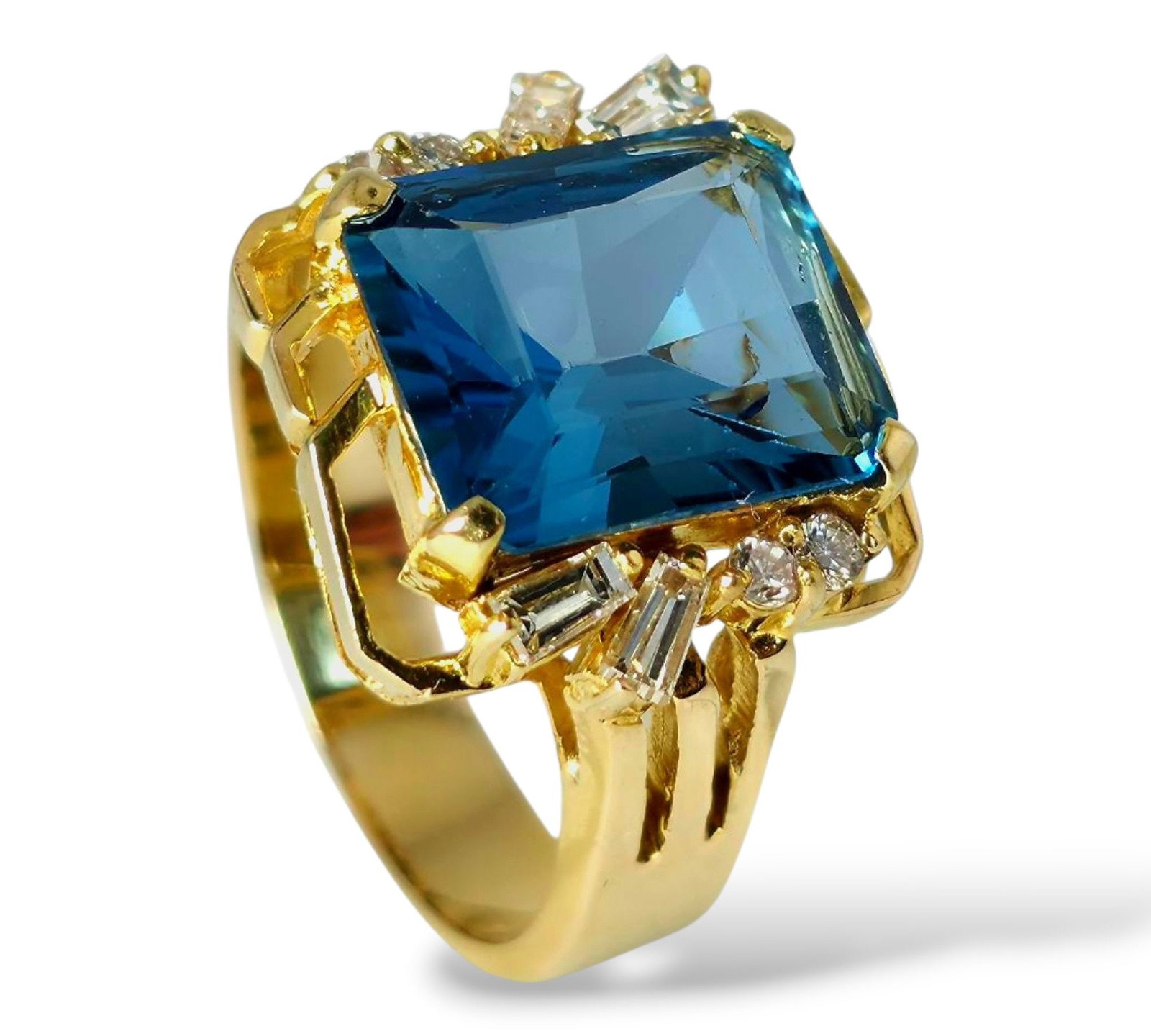 14K Yellow Gold Emerald Cut Blue Topaz with 0.44ct Halo Diamond Cocktail Ring: 14k Yellow Gold Emerald Cut Blue Topaz with 0.44ctw Halo Diamond Cocktail Ring Condition: Excellent Weight: 7.9 Grams Material: 14K Yellow Gold Diamonds: 0.2 Carat Weight, 8 Total Diamonds Ring Size: 
