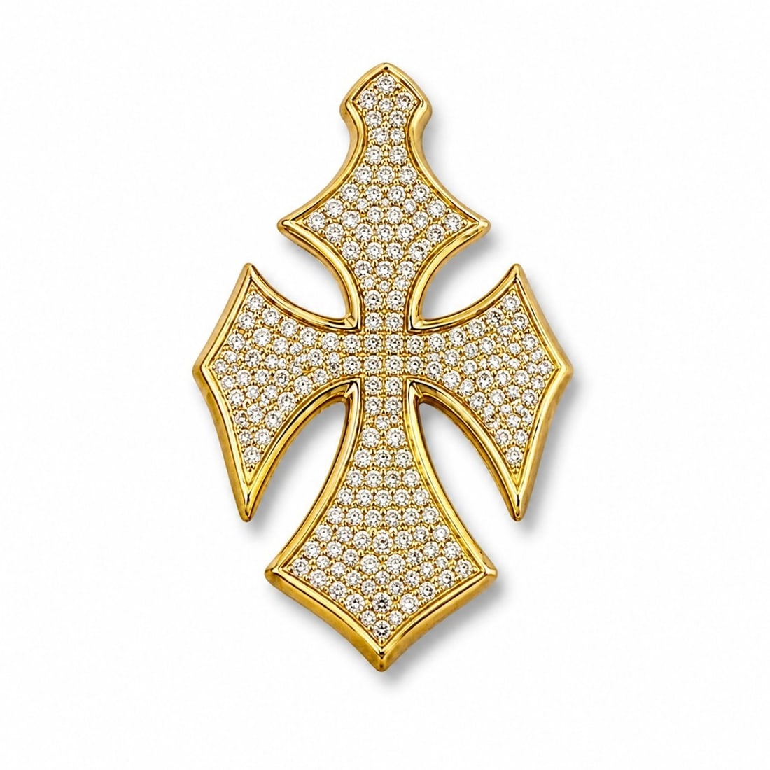 18K Gold Cross Pendant: 18K Gold Cross Pendant with 3.50 Carats Round Diamonds Gold: 18K Weight: 14.0 grams Size: H. 5cm Diamonds: approximately 220 Round Diamonds Total 3.50 Carats Condition : Excellent
