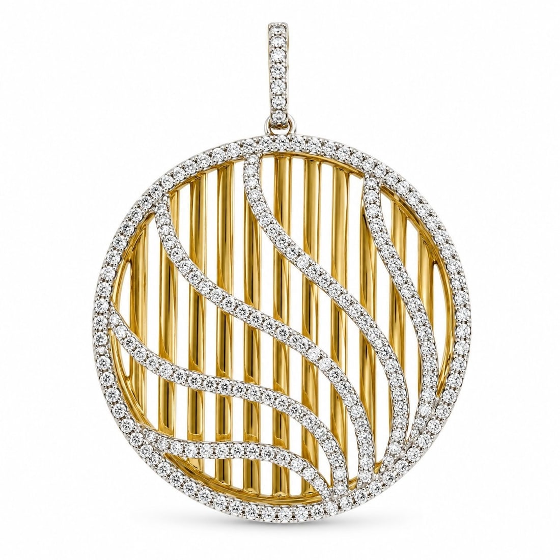 14K White and Yellow Gold Diamond Circle Pendant: 14K White and Yellow Gold Diamond Circle Pendant A refined two tone pendant crafted in white and yellow gold with a circular design. The front is finished in white gold with curving lines of diamonds 