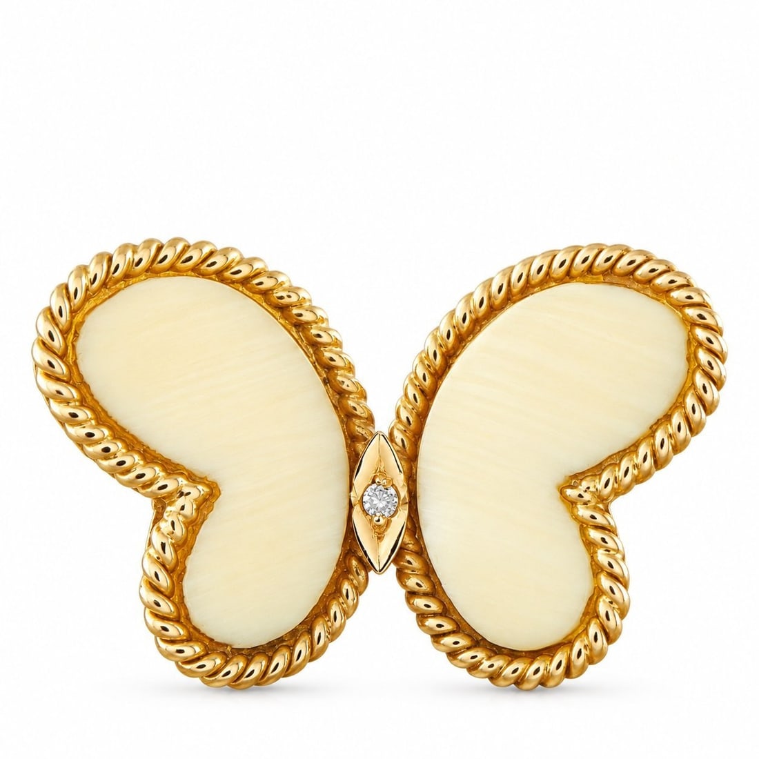 14K Yellow Gold Diamond and White Coral Butterfly Pendant: 14K Yellow Gold Diamond and White Coral Butterfly Pendant n enchanting estate piece, this pendant features a matched pair of creamy white coral hearts framed in 14K yellow gold rope-twist bezels,