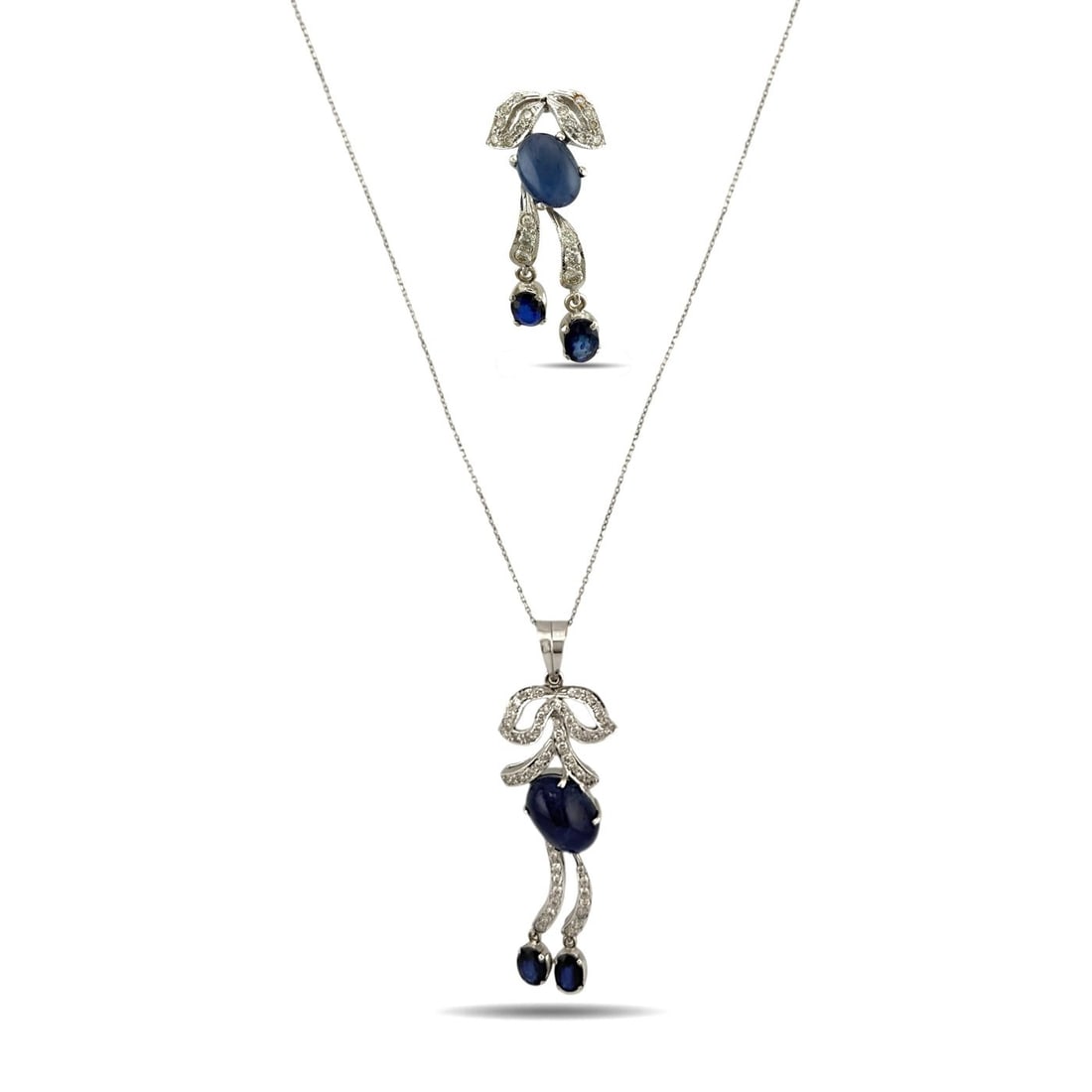 14K White Gold 9.20ct Sapphire and 1.90ct Diamond Necklace: 14K White Gold 9.20ct Sapphire and 1.90ct Diamond Necklace and Earring Set A refined 14 karat white gold jewelry set designed with rich oval cut and cabochon sapphires accented by bright diamonds. The