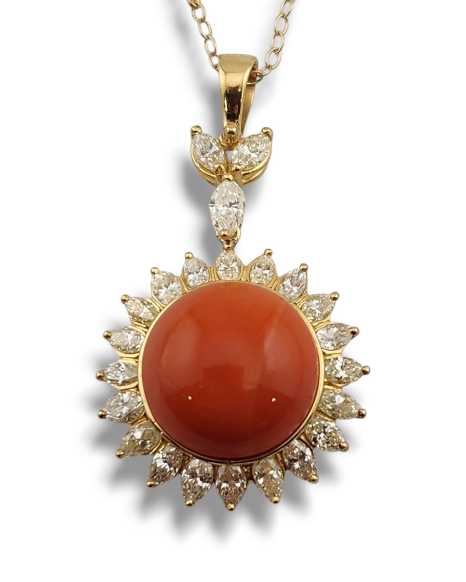 Women’s 18K Gold Necklace: Beautiful Women's 18K Gold Necklace with Large Coral Surrounded by Marquise Cut Diamonds Weight: 8.3 Grams Size: 67.5 Centimeters Opened End-to-End Coral Size: 1.4cm in Diameter Diamonds: 23 Marquise 