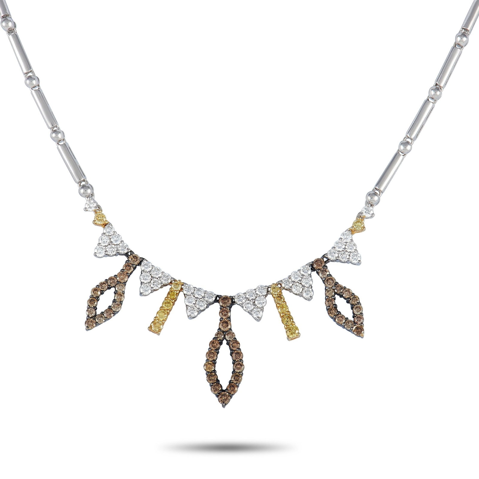 18K White Gold 2.59ct Multi-Diamond Necklace: 18K White Gold 2.59ct Multi-Diamond Necklace Step up your jewelry game with this diamond necklace with an unexpected charm. This 18K white gold necklace features a beaded style with polished tubular a