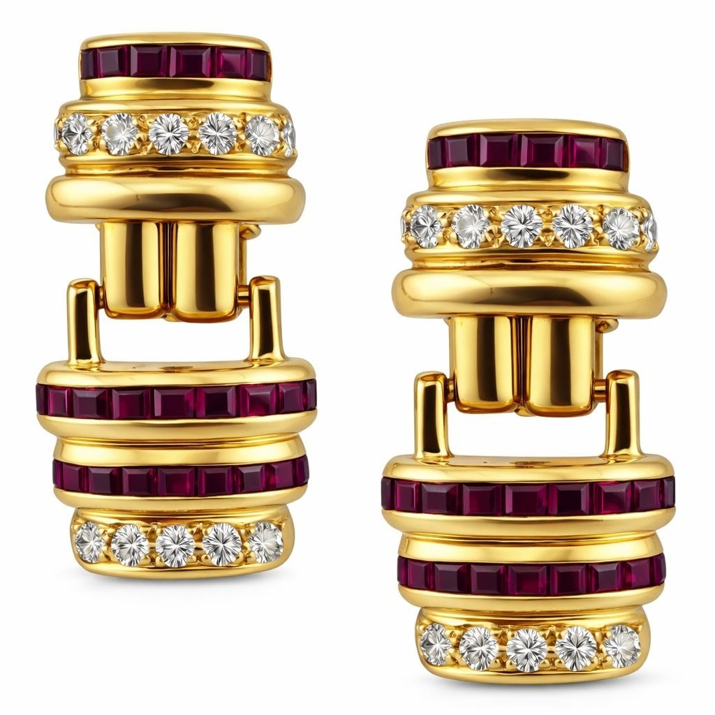 18K Yellow Gold Ruby and Diamond Clip: 18K Yellow Gold Ruby and Diamond Clip-On Earrings An elegant pair of 18K yellow gold ruby and diamond Earrings, designed in a bold and sophisticated architectural style. The Earrings feature multiple 