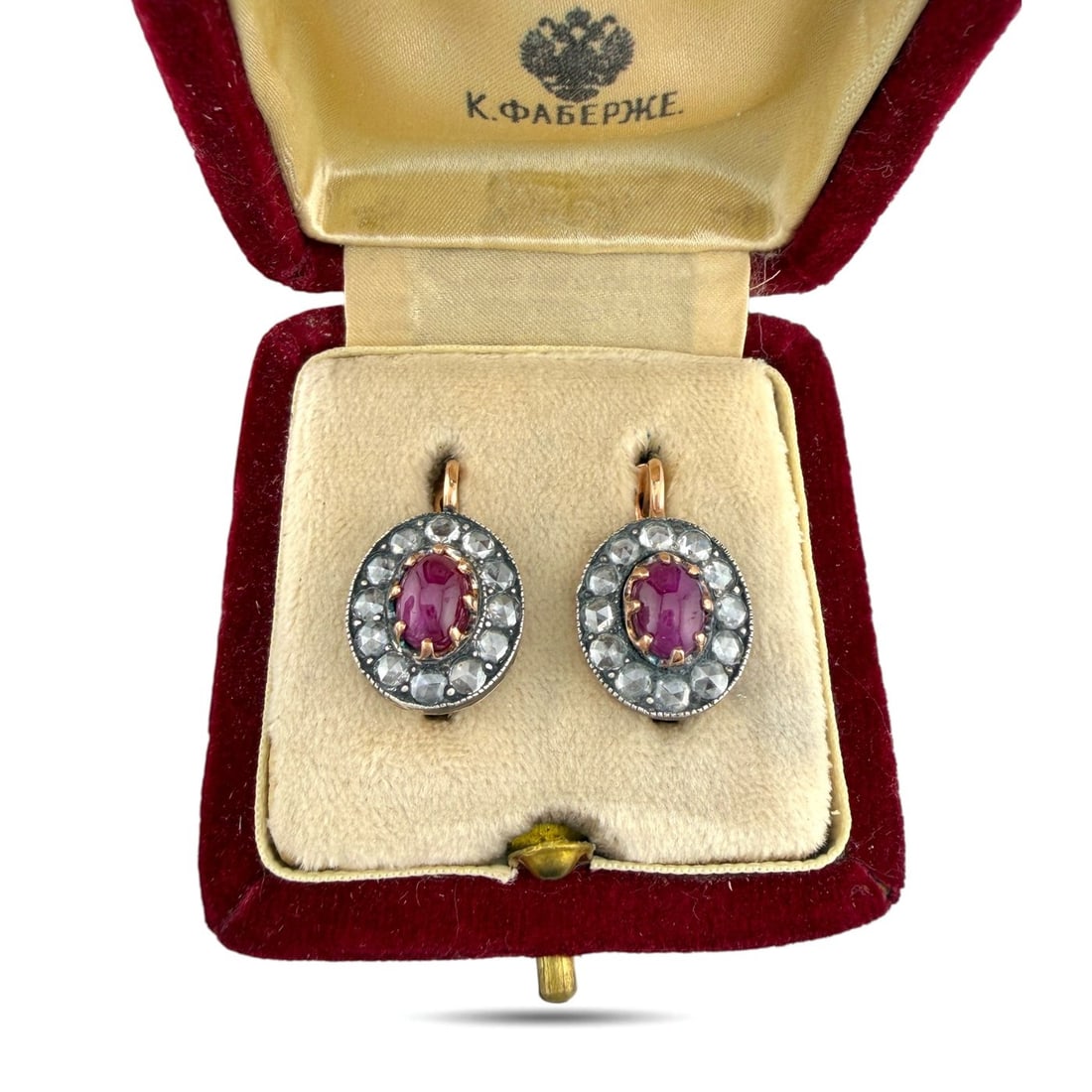 K. Faberge Imperial Russian 14K (56K) Rose Gold 2.20ct Ruby and 1.44ct Diamond Earrings: Imperial Russian Faberge 56 Russian Rose Gold 2.20ct Ruby and 1.44ct Diamond Earrings These Imperial Russian Faberge earrings are crafted in 14K rose gold and feature a classic antique design set with